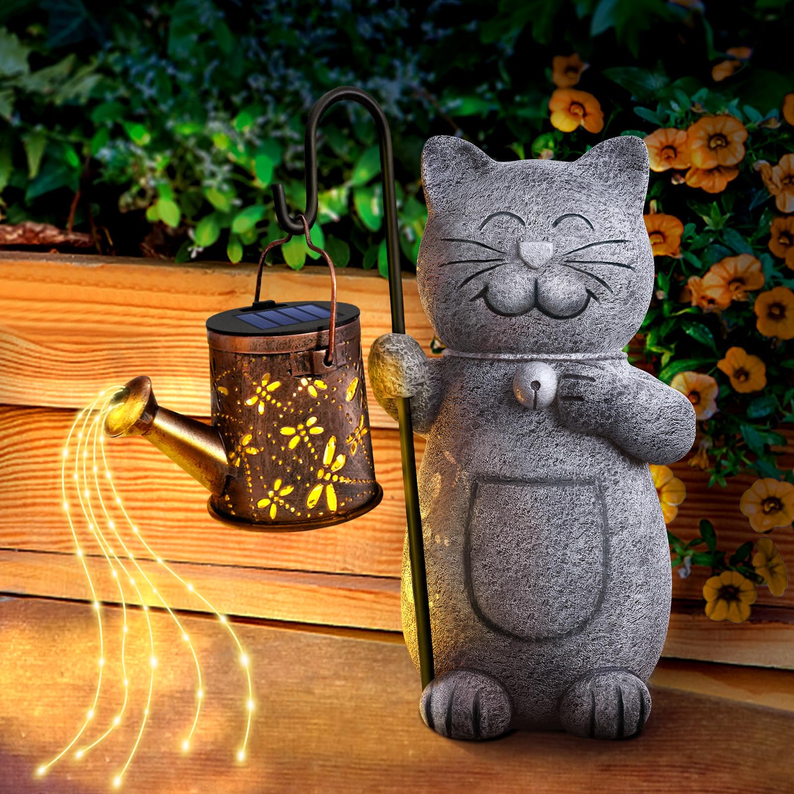 Solar Cat Garden Statue with LED Kettle Light - Unique Mother's Day, Birthday Gift for Women, Grandma, Cat Lovers - Perfect Outdoor Decor for Garden, Patio, Yard & Housewarming