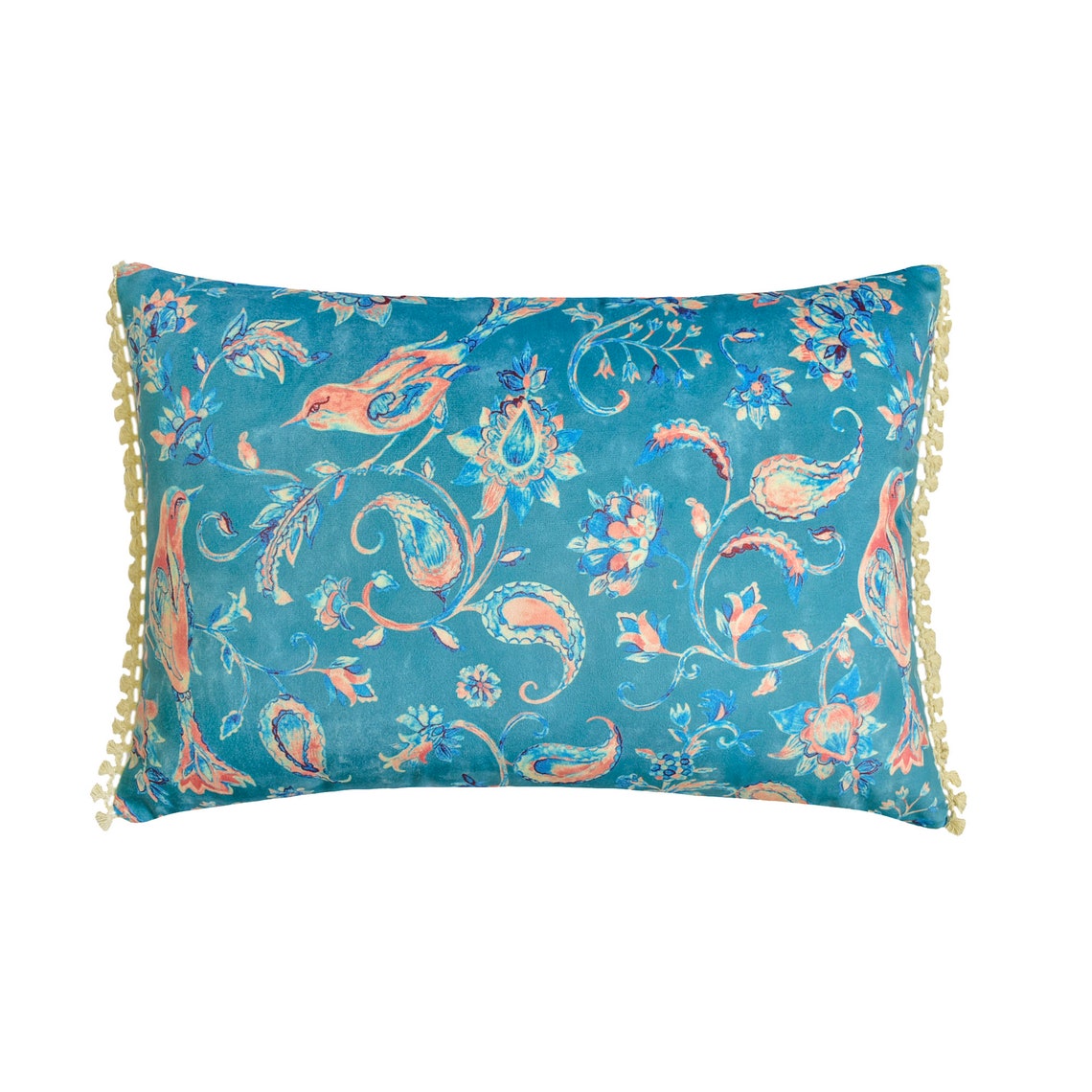Birdsong Paisley Blue Velvet Lumbar Pillow Cover - Decorative Throw Pillow Case for Sofa, Bed, Couch - Home Decor Accent for Living Room, Bedroom
