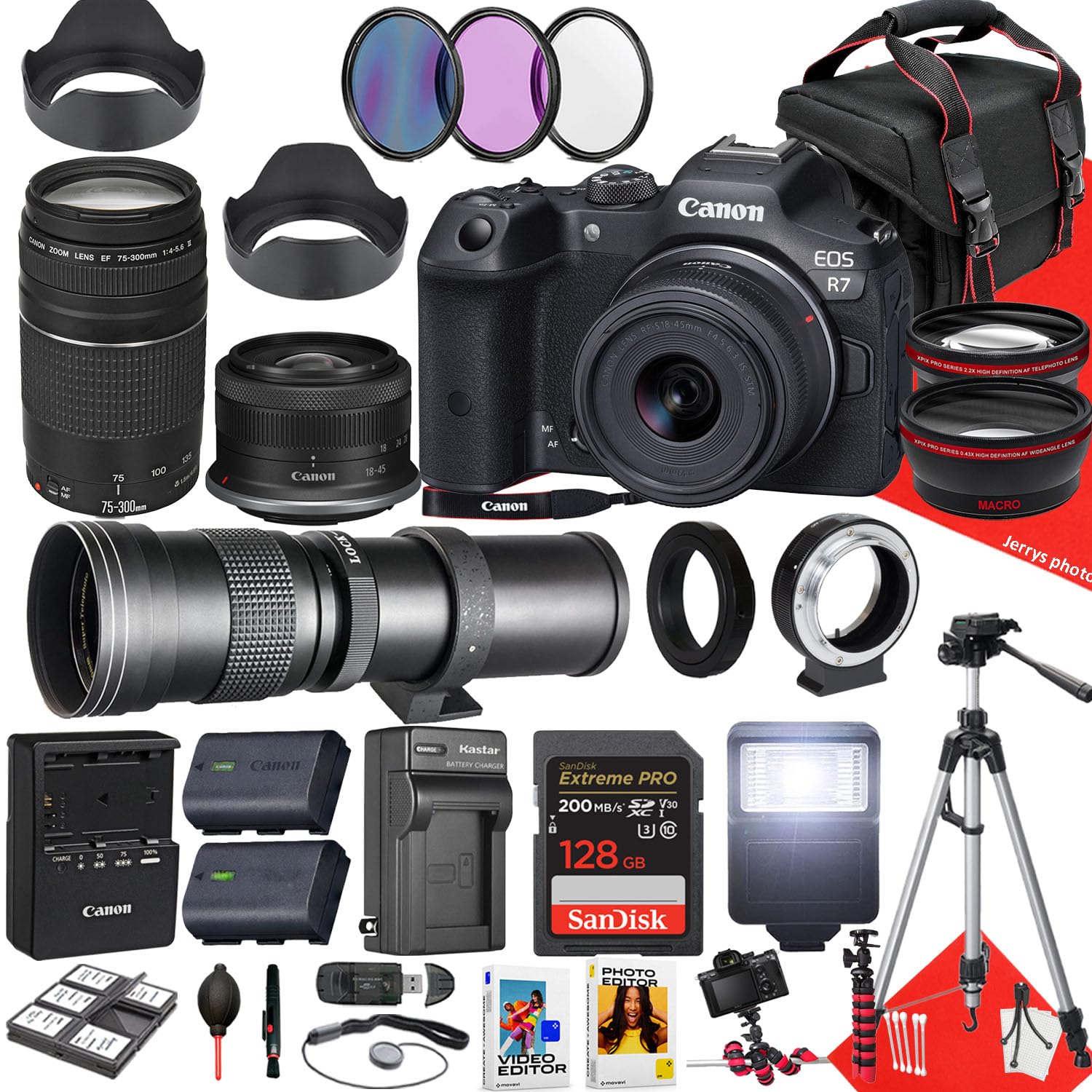 Canon EOS R7 Mirrorless Camera Bundle with 18-45mm, 75-300mm & 420-800mm Lenses, 128GB Memory Card, Hood, Monopod, Filters, Tripod (35pc Kit) - Black (Renewed) | Professional Photography, Travel Vlogging & Wildlife Shooting