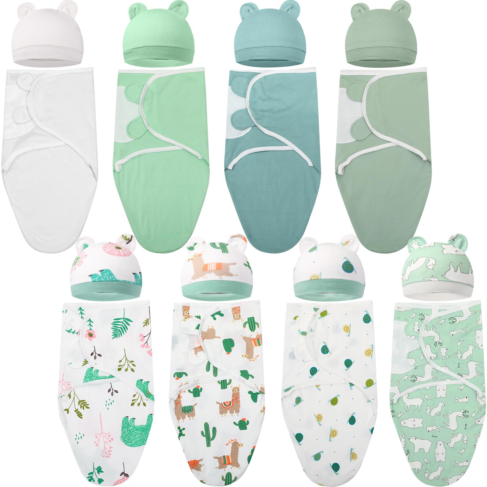 VitalCozy 8-Pack Cotton Preemie Swaddle Blanket & Hat Set for Newborns 0-6 Months | Soft Wearable Receiving Blankets & Premature Baby Caps for Boys & Girls | Perfect for Hospital, Nursery & Baby Shower Gifts (Cute Animal Prints)