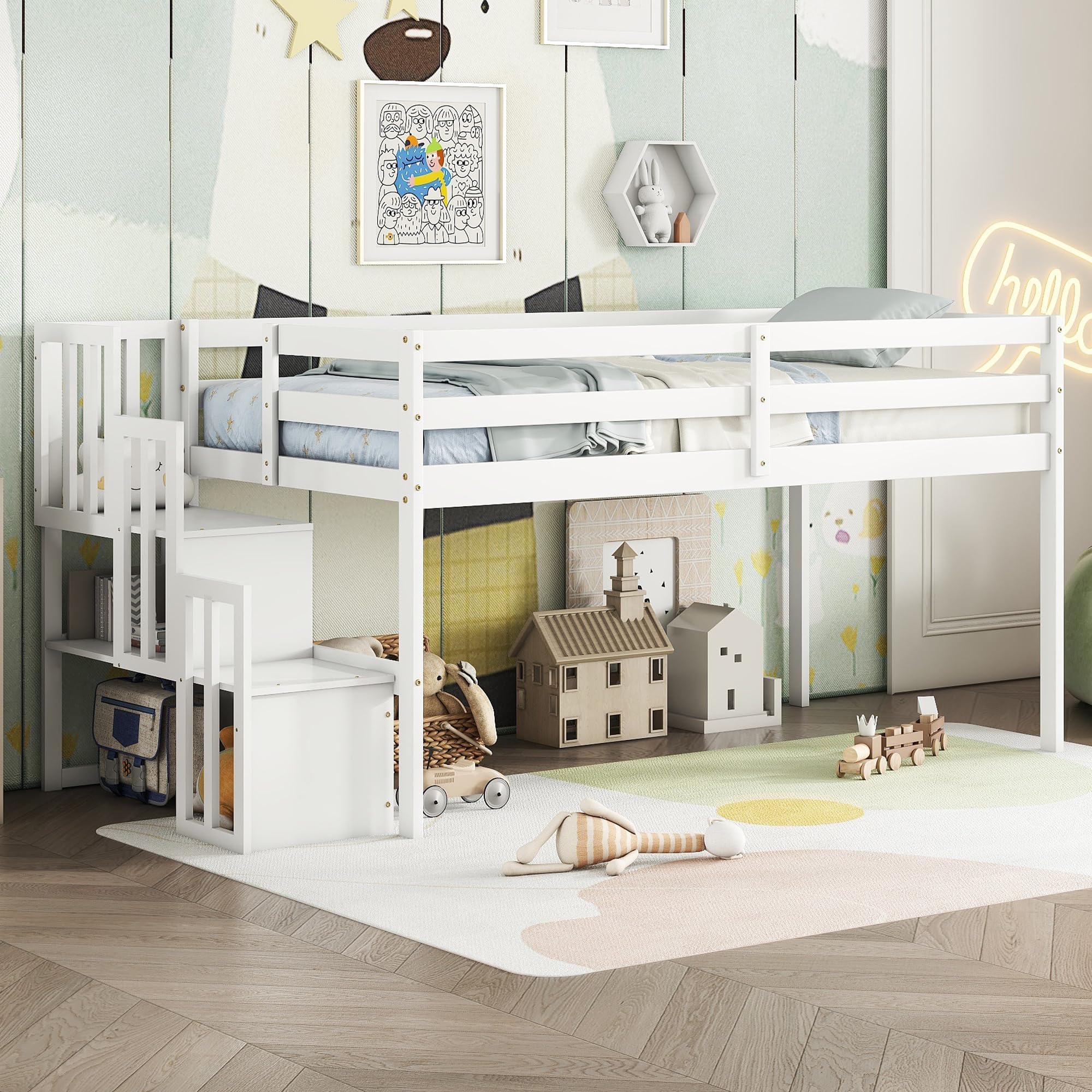 Twin Size Low Loft Bed with Stairs - Kids Wooden Loft Bed Frame with Storage Staircase for Boys & Girls - White - Perfect for Small Bedrooms, Dorm Rooms & Kids' Spaces
