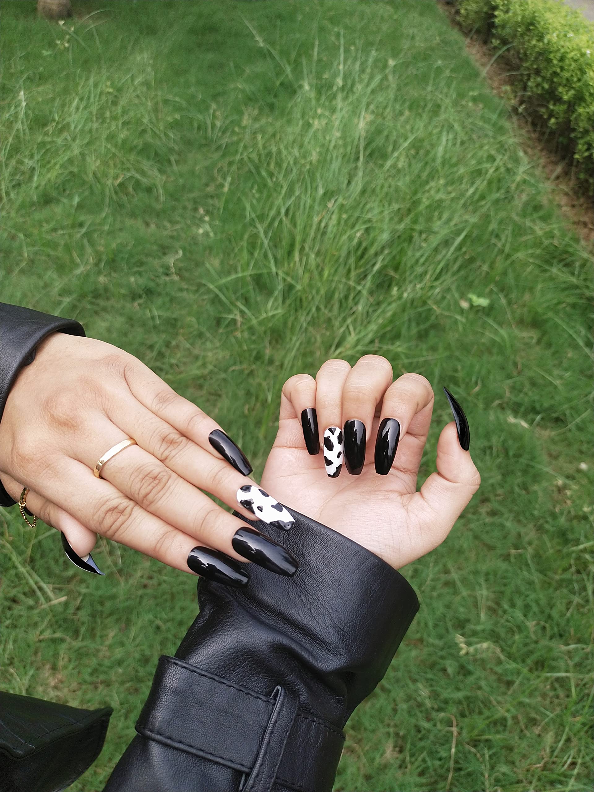 Reusable Handmade Artificial Nails - 10 Piece Black Cow Print Fake Nails Set (Small Size) | Perfect for Parties, Halloween, Cosplay & Everyday Fashion