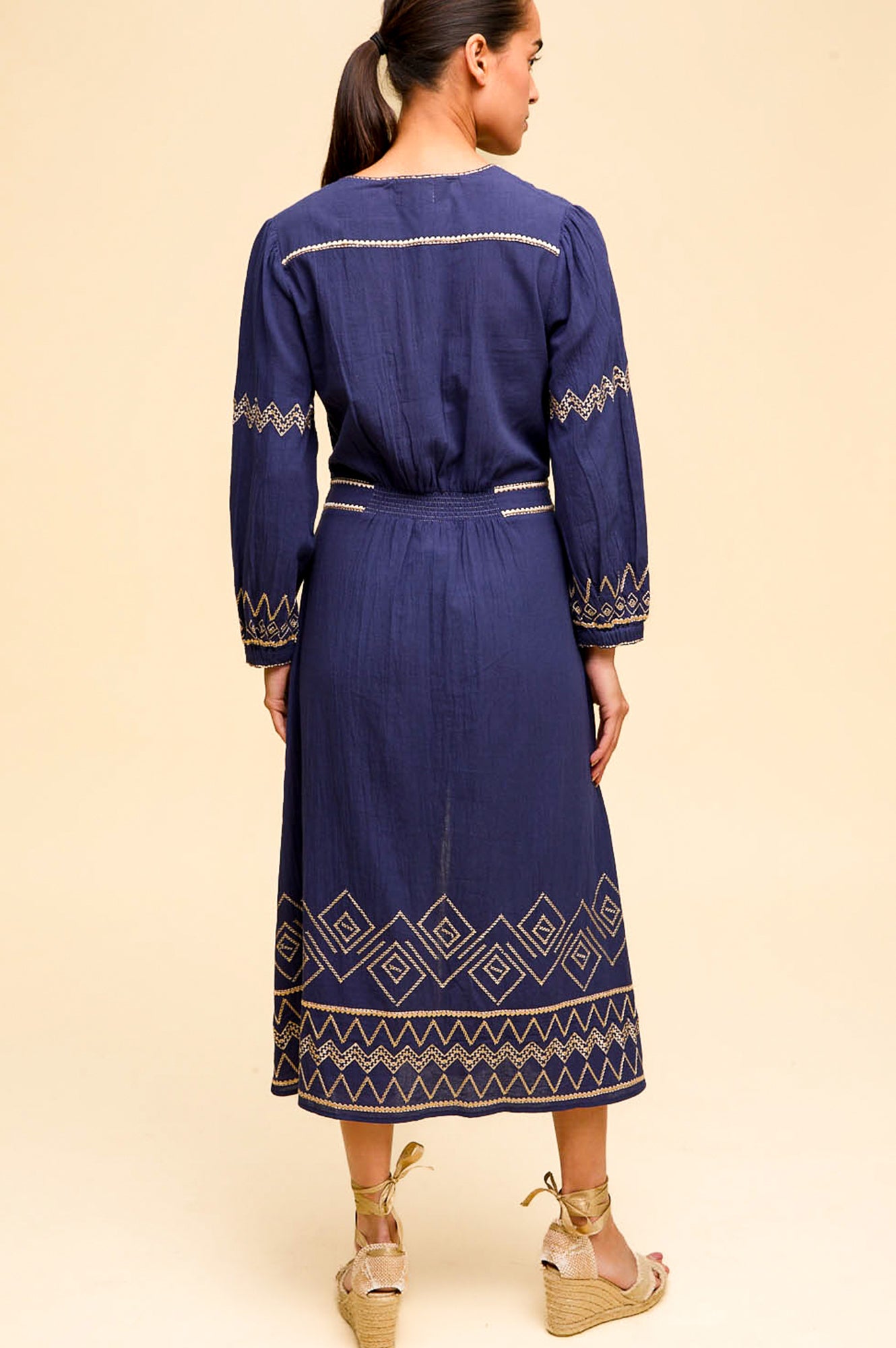 Jamila Embroidered Dress for Women - Navy Blue & Gold Floral Maxi Dress | Elegant Boho Chic Dress for Weddings, Parties & Special Occasions