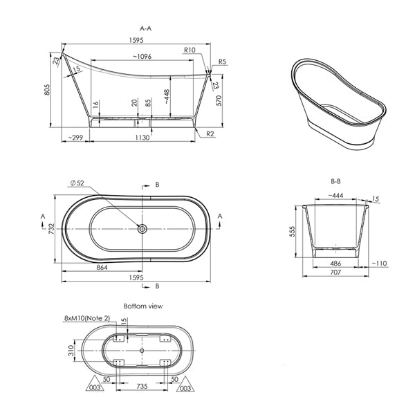 ADP Placido Freestanding Bathtub 1590mm (62.6 Inches) - Modern Acrylic Soaking Tub for Luxury Bathrooms & Spa Retreats