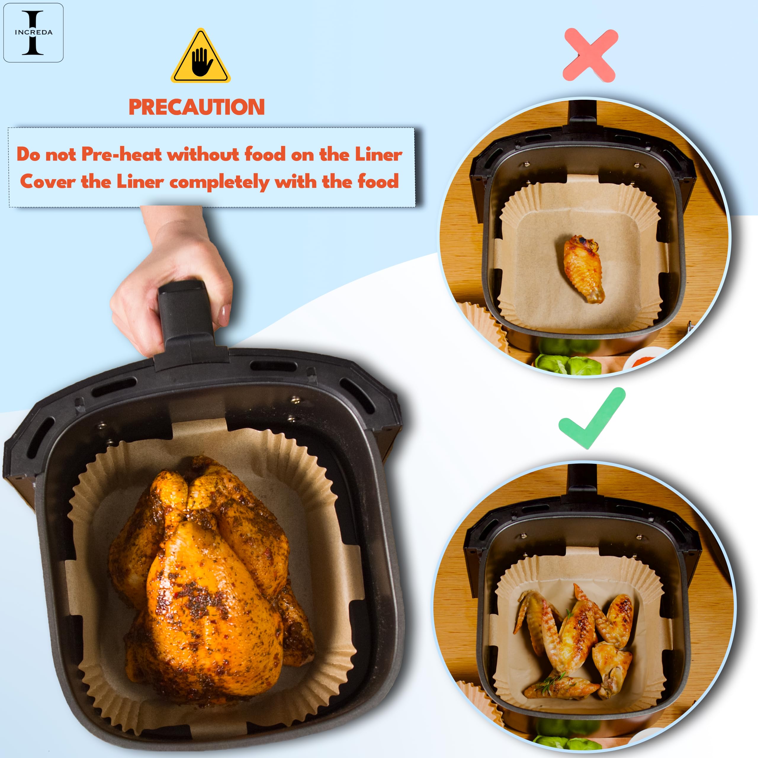 Increda 120-Pack 6.3 Inch Square Air Fryer Liners - Disposable Food Grade Greaseproof Paper for Air Fryer Baskets, Microwave & Oven - Comes with Reusable Protective Plastic Case - Perfect for Quick Meals, Healthy Cooking & Easy Cleanup