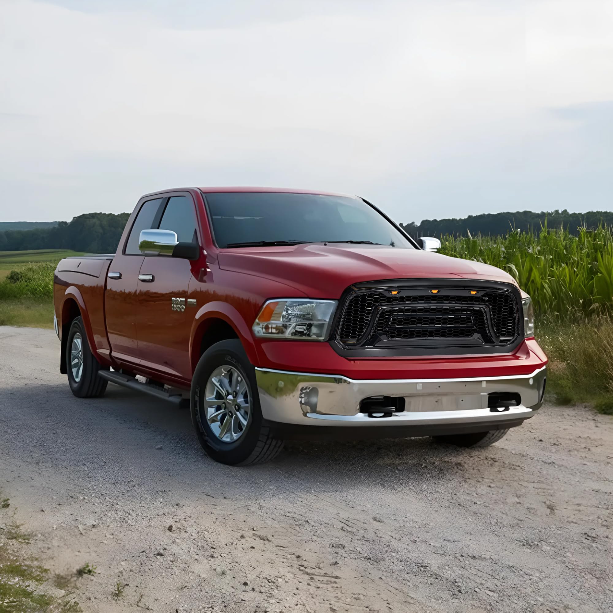 AMERICAN MODIFIED Front Grille Replacement for 2013-2018 Dodge Ram 1500 | Glossy Black Truck Grill with Amber LED Lights | Perfect for Off-Roading & Custom Truck Upgrades