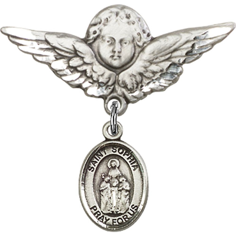 Sterling Silver Baby Badge with St. Sophia Charm & Angel Wing Pin - 1 1/8 X 1 1/8 Inch - Perfect for Christening, Baptism Gifts & Baby Shower Keepsakes