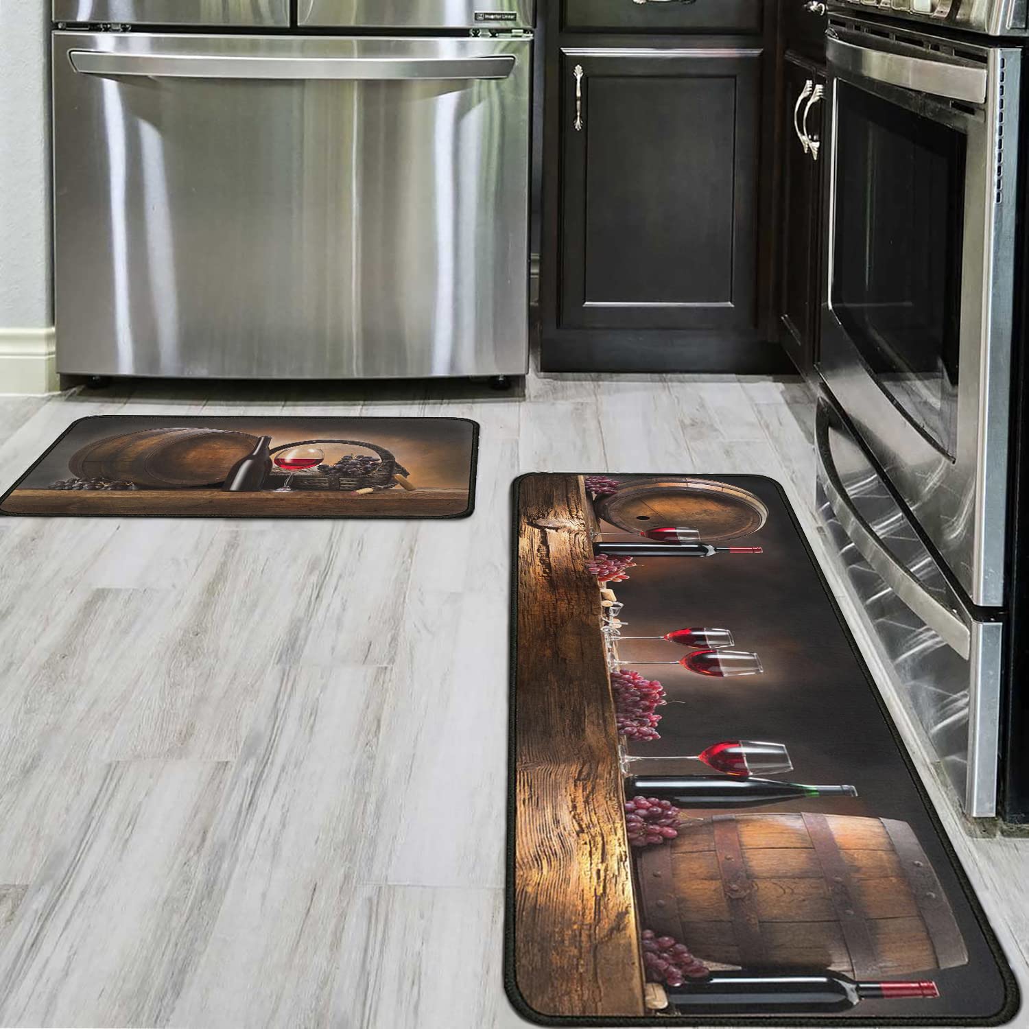 Washable Non-Slip Kitchen Rugs Set of 2 - Rustic Farmhouse Wine Themed Decor for Floors | Perfect for Country Kitchens, Dining Areas & High-Traffic Spaces