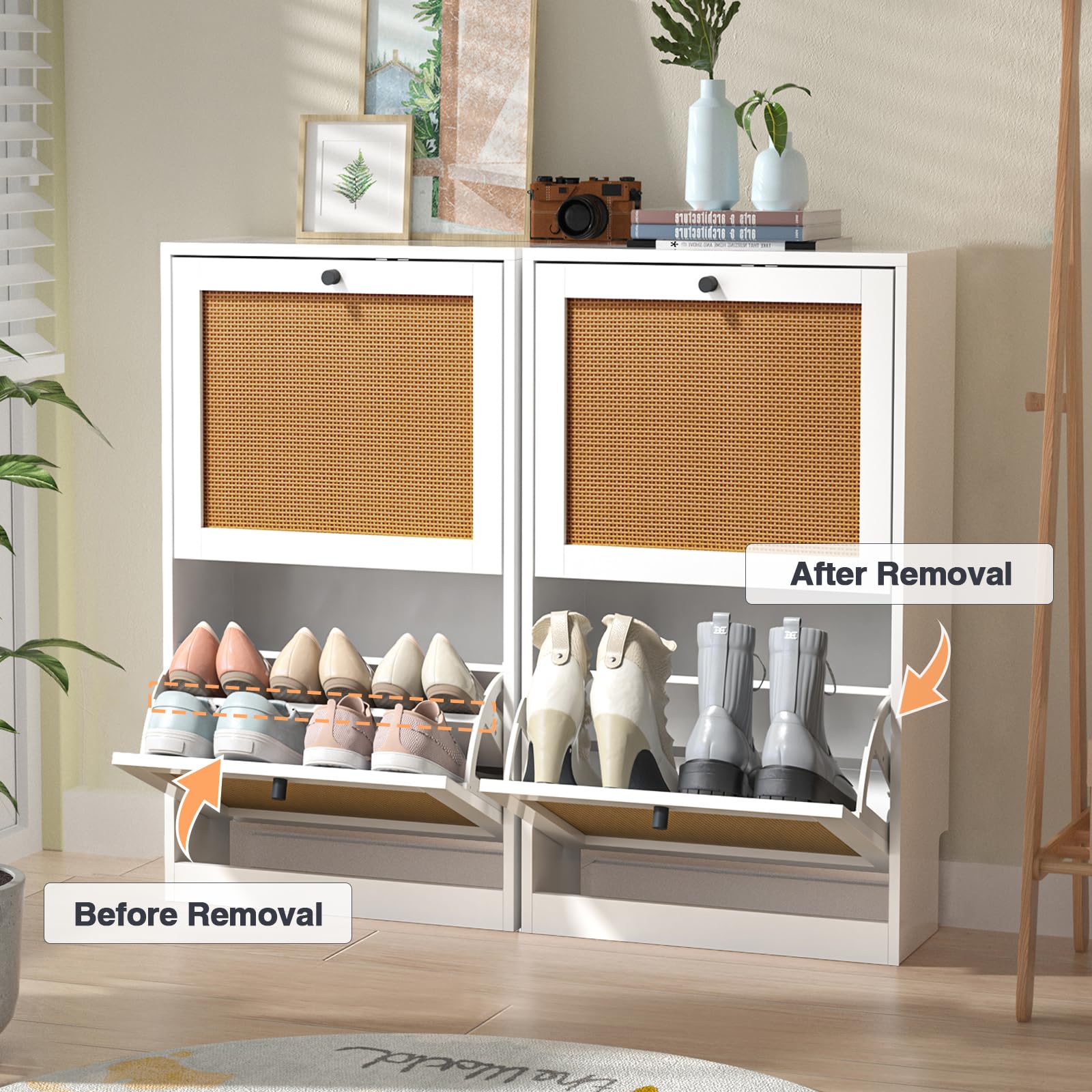 Anmytek White Rattan Shoe Cabinet - 2-Tier Wooden Shoe Rack with 2 Flip Drawers, Entryway Storage Organizer for Hallway, Living Room & Bedroom (Model S0002) - Perfect for Small Spaces, Apartment Entryways & Shoe Organization
