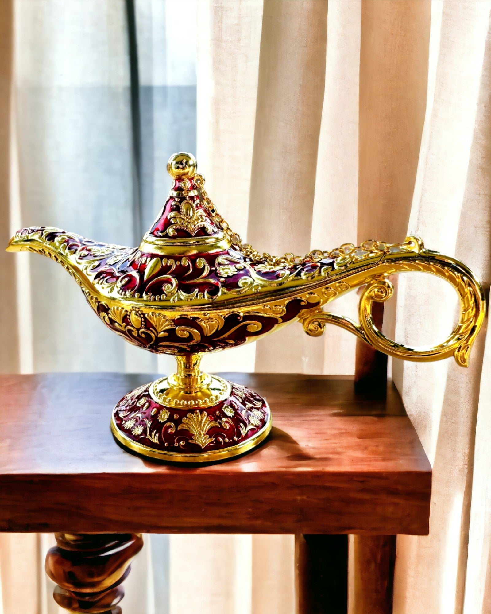 Custom Engraved Magic Aladdin Lamp - Burgundy & Gold Finish | Perfect for Home Decor, Arabian Nights Theme Parties & Unique Gift Ideas