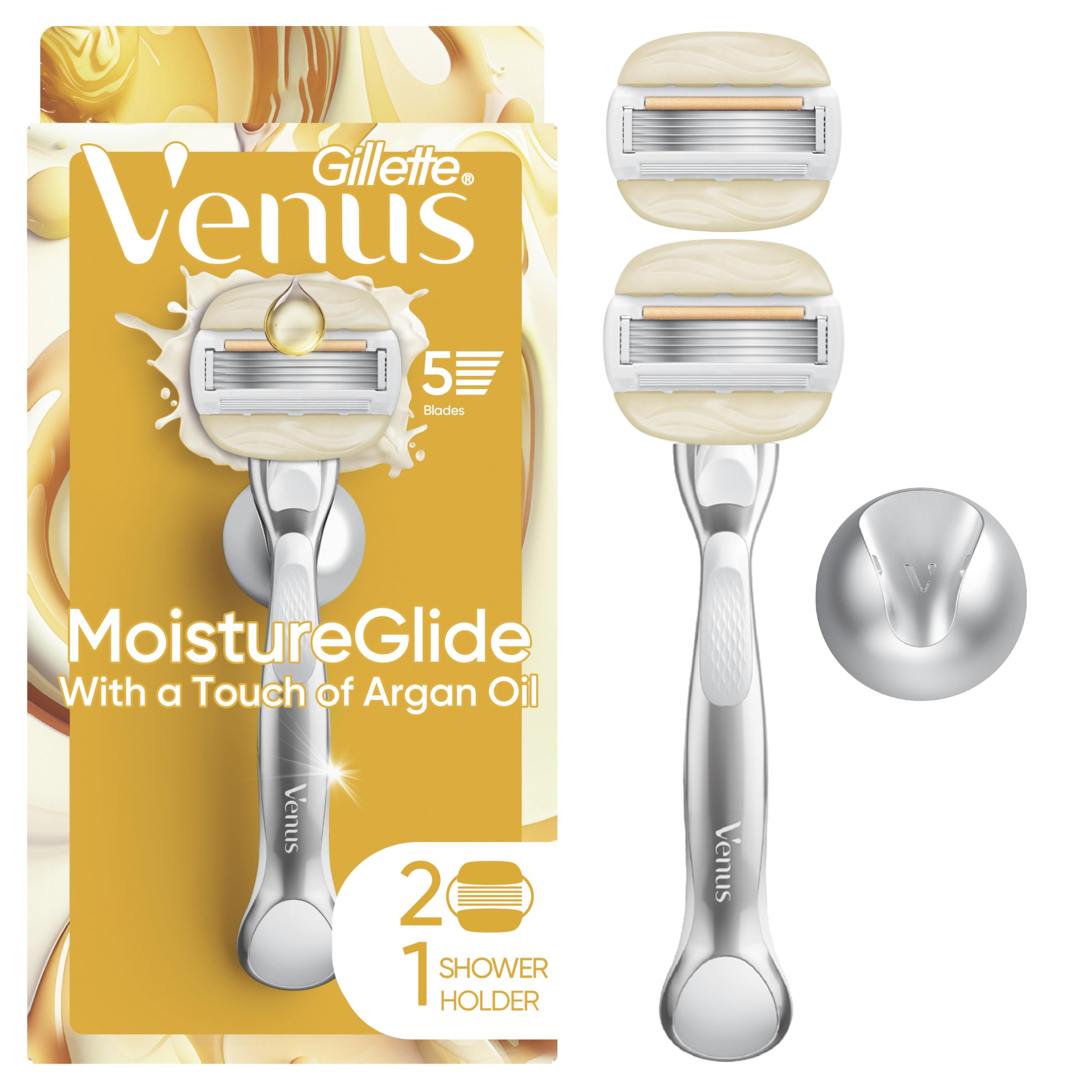 Venus Moistureglide Women's Razor - Reusable Handle with 2 Razor Blade Refills & Shower Holder - Smooth Shaving for Legs, Underarms & Bikini Line - Perfect for Shower, Travel & Everyday Use