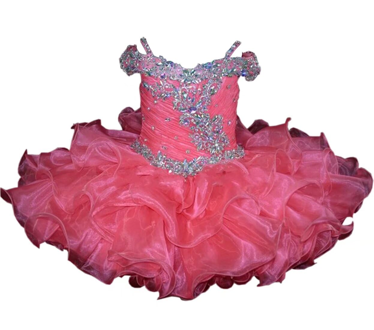 **2025 Toddler Girls Pageant Dress - Short Cupcake Style with Ruffles & Cold Shoulder Design, Crystal Embellishments for Formal Prom & Special Occasions**
