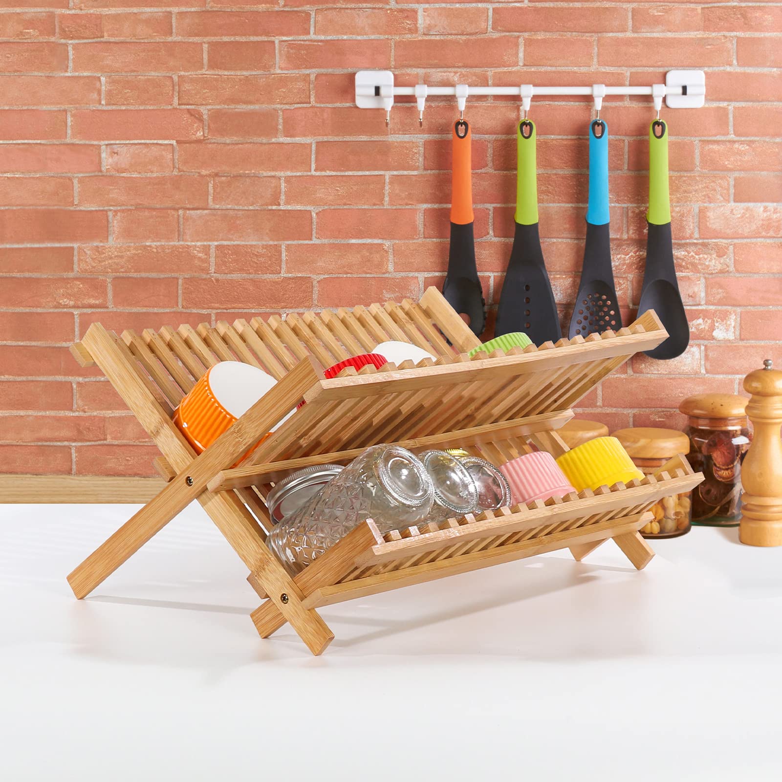 Premium Bamboo Dish Drying Rack - Collapsible & Foldable Dish Drainer for Kitchen Countertop - 100% Natural Bamboo Plate Rack (17.8