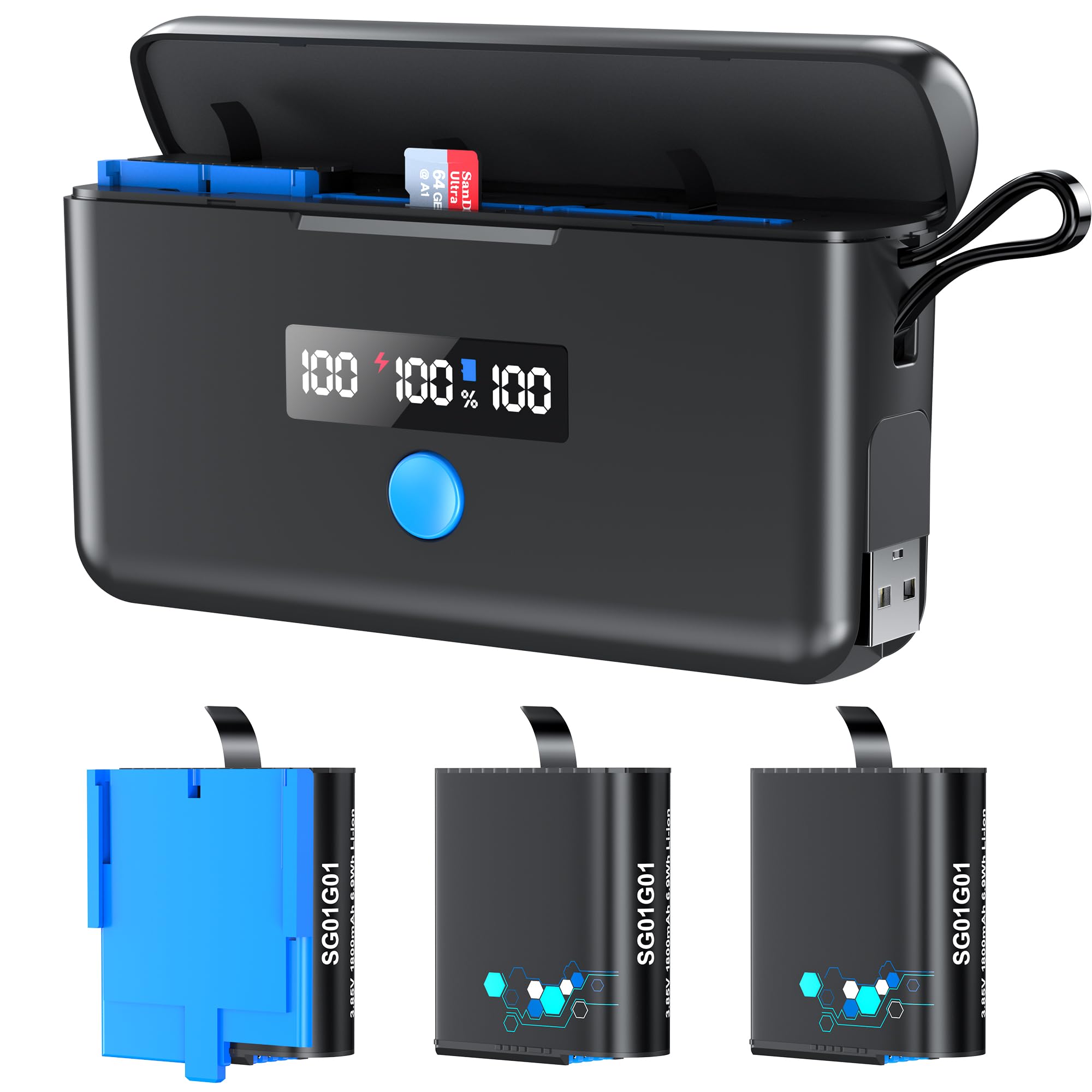 3-Pack GoPro Hero 5/6/7/8/9/10/11 Replacement Batteries with LCD Charger & SD Card Reader - Fast Charging Power Solution for Action Cameras - Perfect for Travel, Vlogging, and Outdoor Adventures