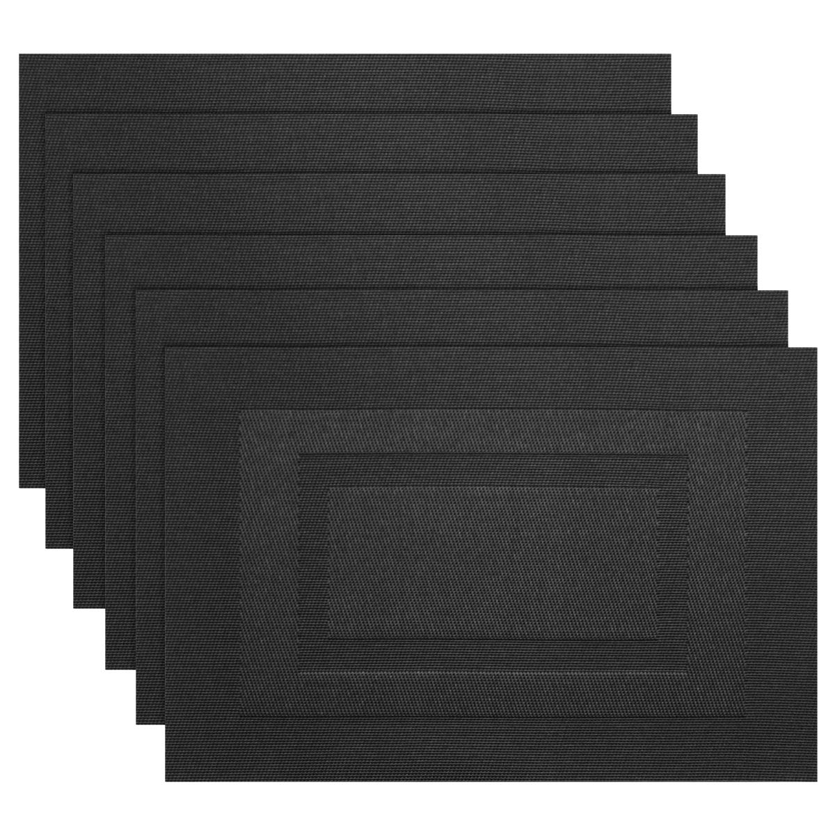 PIGCHCY Washable Woven Vinyl Placemats Set of 6 - Durable Plastic Table Mats for Dining, Kitchen, Restaurant (18x12 Inches, Pure Black) - Easy to Clean & Spill-Proof for Everyday Meals & Parties