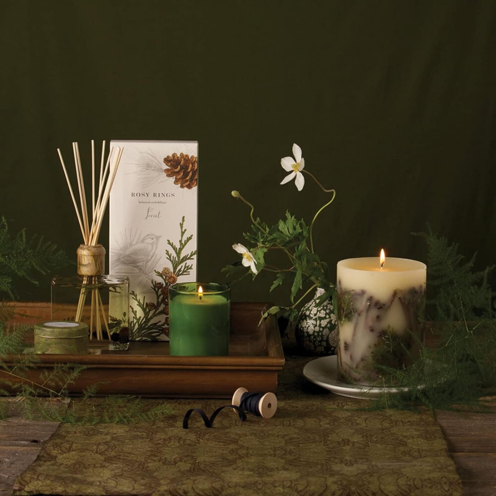 Rosy Rings Forest Round Botanical Candle - 200 Hour Burn Time, Clary Sage & Sandalwood Aromatherapy Candle with White Musk | Woodsy Scent for Relaxation, Spa, Yoga & Home Decor | 6.5