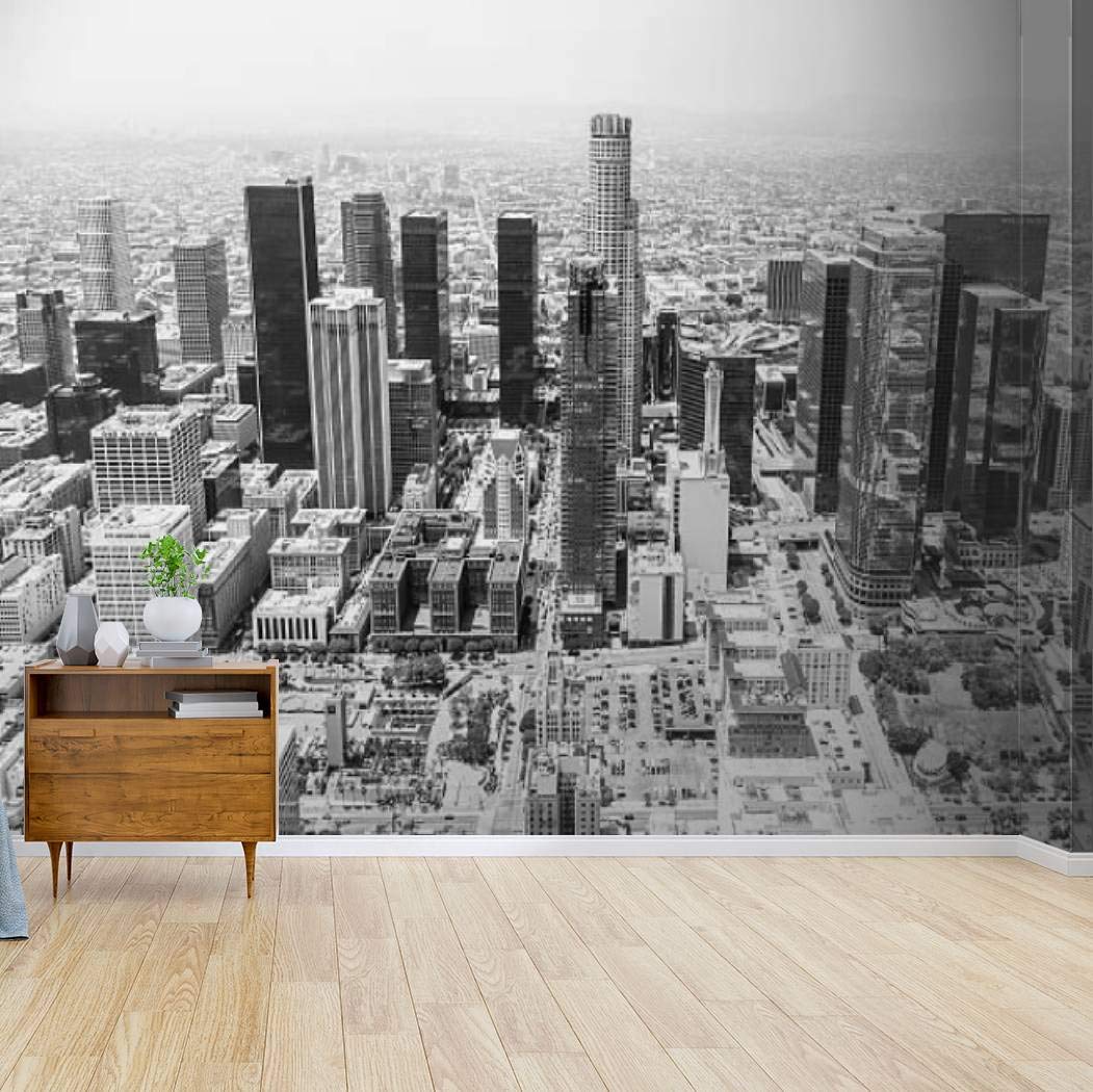 Monochrome DTLA Skyline Peel and Stick Wallpaper - Black and White Self-Adhesive Vinyl Wall Mural - Removable Large Wall Sticker for Home Decor, Living Room, Bedroom & Office