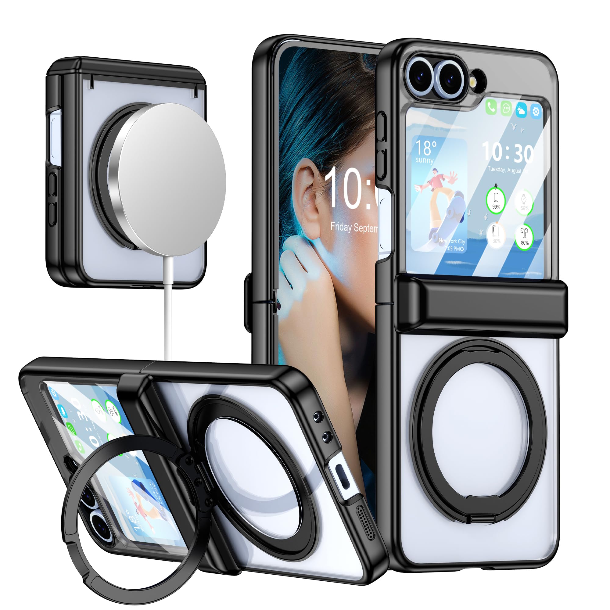 Slim Protective Phone Case for Samsung Galaxy Z Flip 6/5 - Clear MagSafe Compatible with Built-in Kickstand, Screen Protector & Hinge Protection | Perfect for Everyday Use, Travel & Work (Black)
