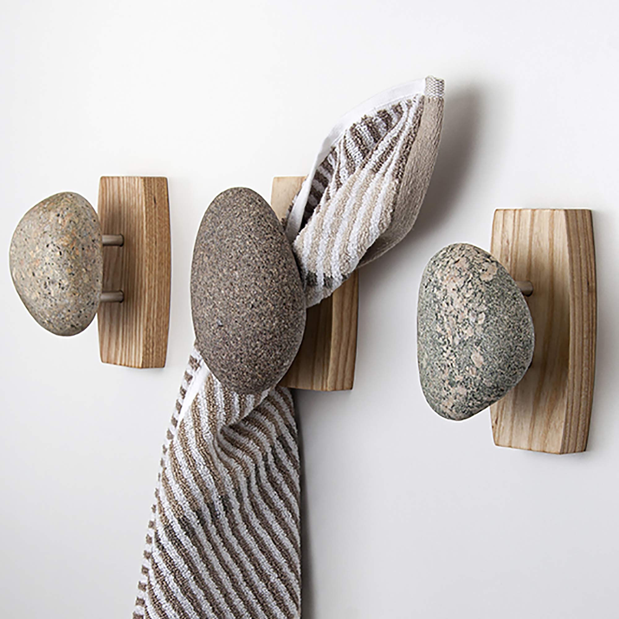 Premium Natural Stone Wall Hook with Elegant Wooden Backplate - 3 Pack Ash Wood Coat Hooks for Coats, Towels, Robes - Durable Indoor & Outdoor Use for Entryway, Bathroom, Bedroom, Porch