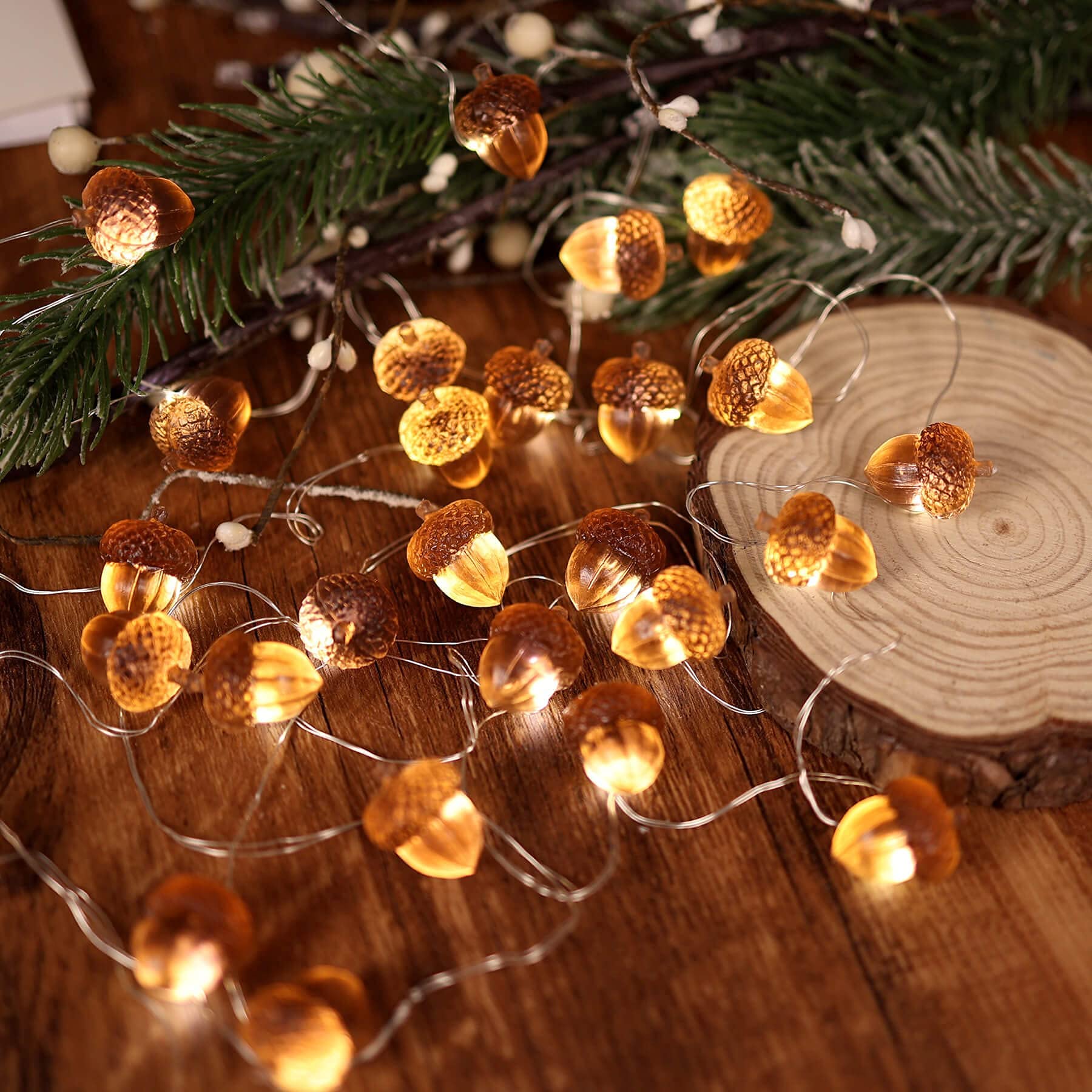 JASHIKA 30 LED 10ft Battery & USB Powered 3D Acorn String Lights - Fall Harvest Decor for Thanksgiving, Christmas, Home, Garden, and Outdoor Party Lighting