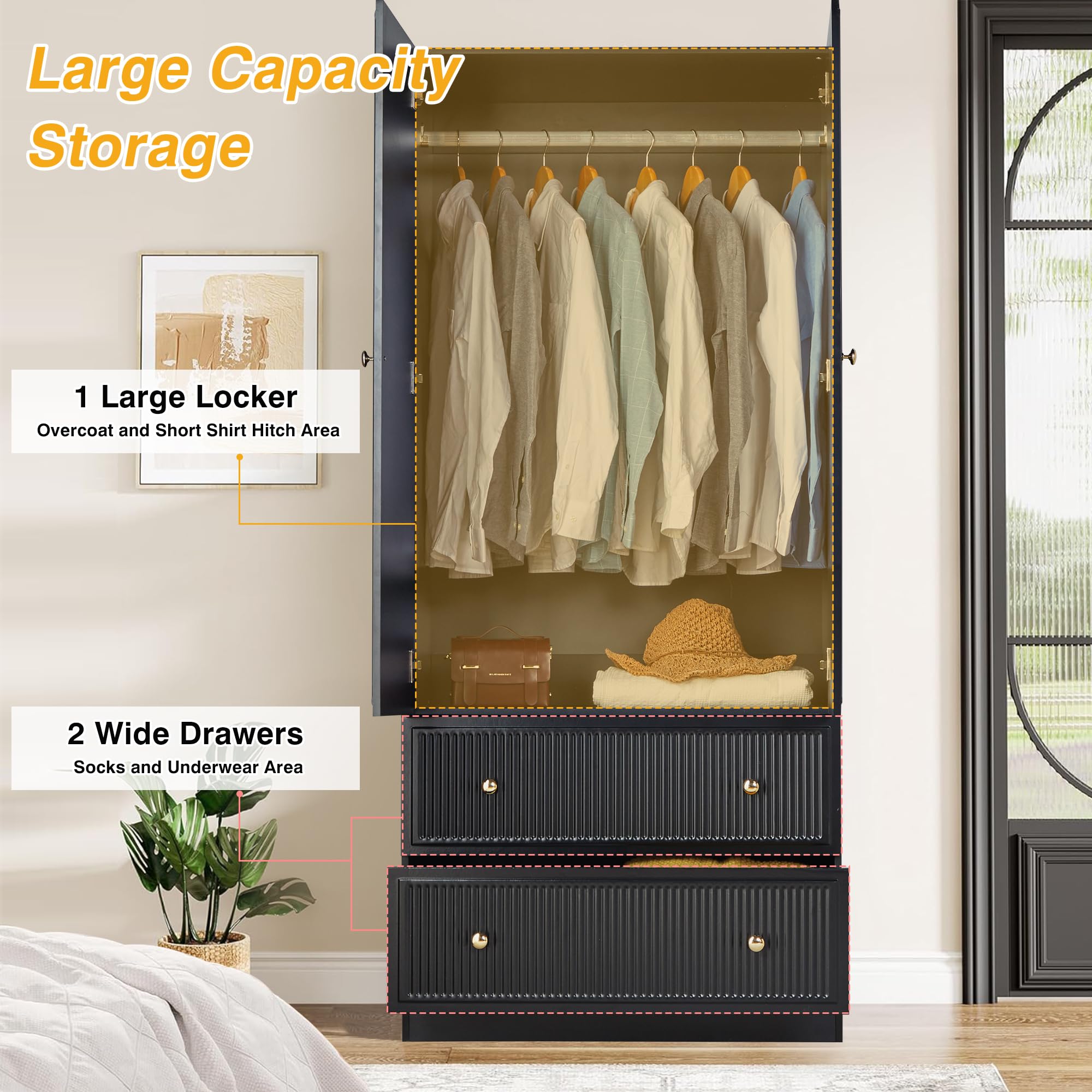 ORRD 2-Door Freestanding Armoire Wardrobe Closet - Large Capacity Wooden Storage Cabinet with 2 Drawers for Bedroom, Black | Perfect for Organizing Clothes, Blankets & Seasonal Items in Small Spaces
