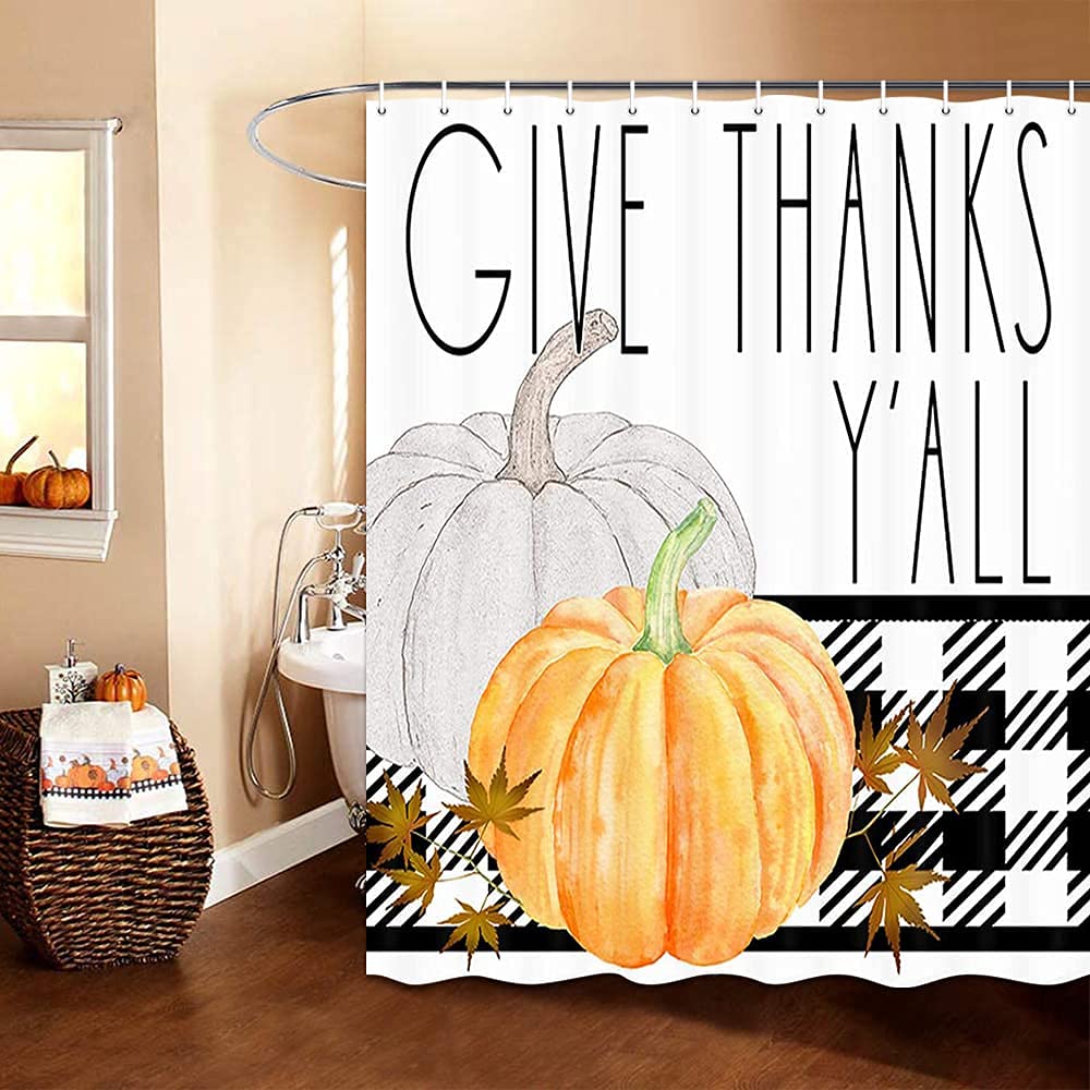 Rustic Farmhouse Thanksgiving Pumpkin & Maple Leaf Buffalo Check Plaid Shower Curtain - Black & White Bathroom Decor (72x72 Inches) for Autumn Fall & Holiday Season Home Decor