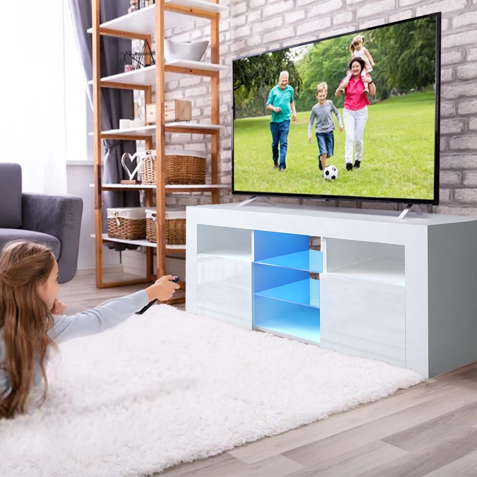 Modern LED TV Stand with Blue Lights - Smart Entertainment Center TV Cabinet for Living Room - Rustic Storage Bench (White, 120 x 35 x 53 inches) - Perfect for Home Theater Setup & Living Room Organization