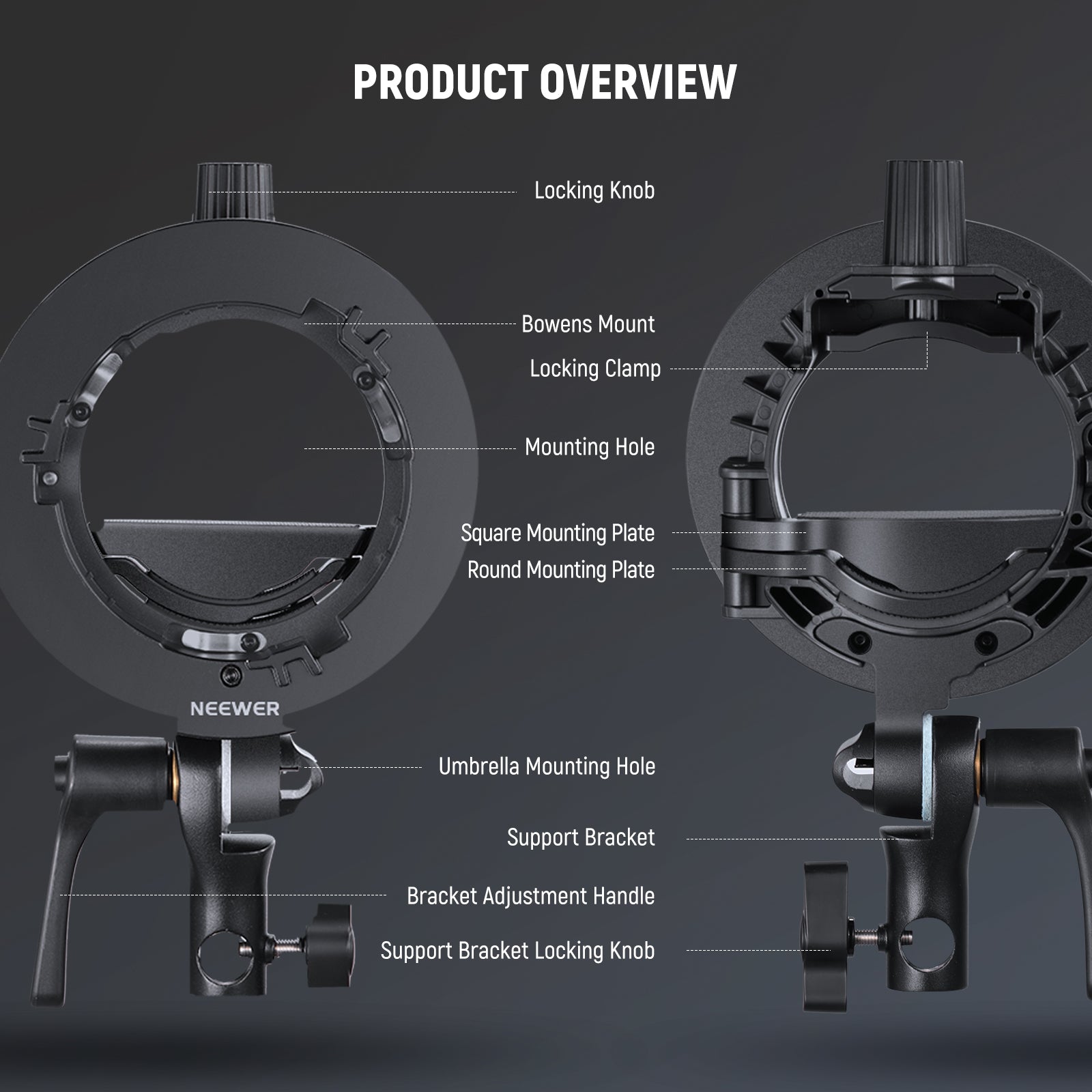 NEEWER CRB1 S-Type Bowens Mount Bracket Holder for Round & Square Flash Heads - Perfect for Studio Photography & On-Location Lighting Setups