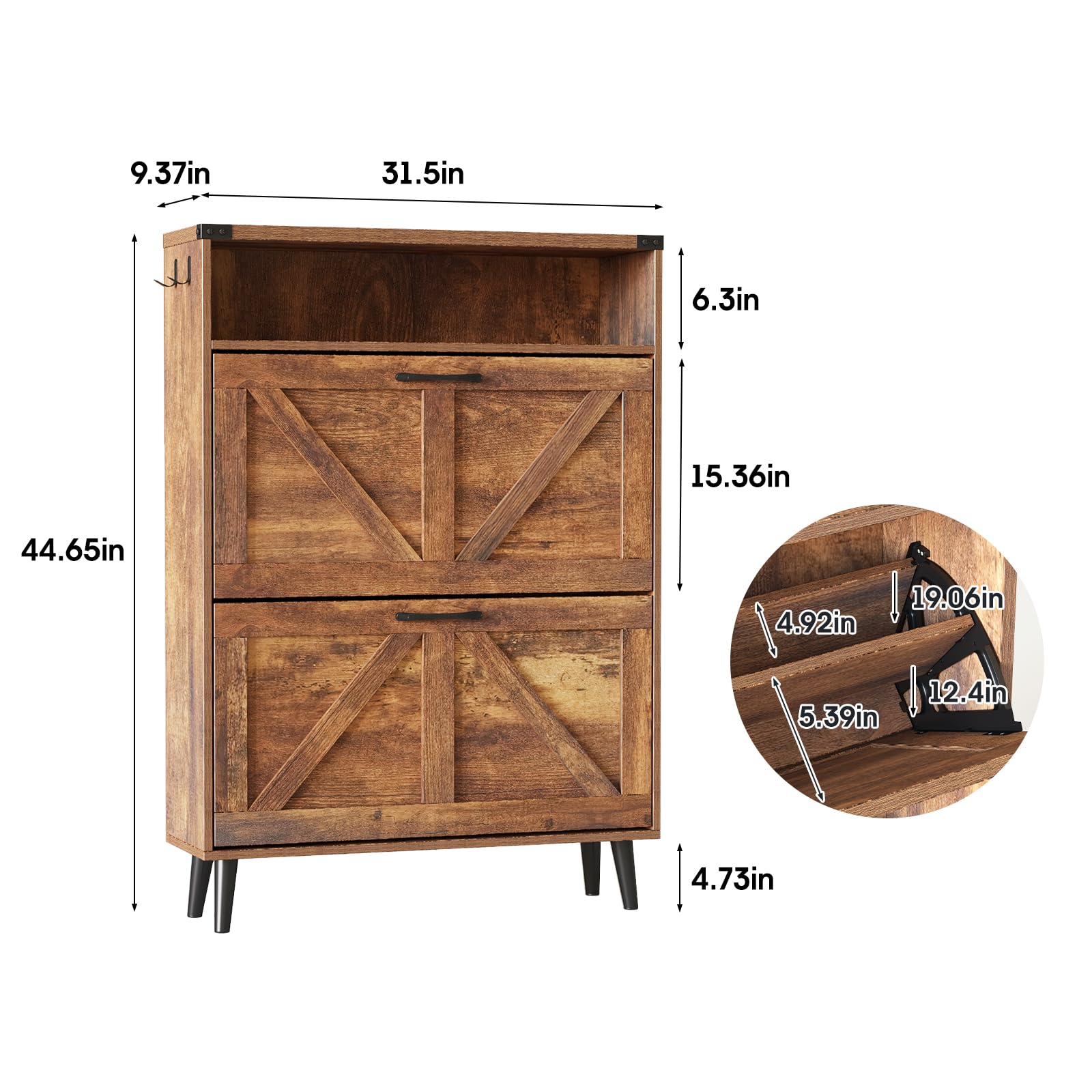 2-Tier Flip-Drawer Shoe Storage Cabinet - Freestanding Entryway Organizer with Open Shelves & Farmhouse Legs, Narrow Shoe Rack for Hallway, Closet & Mudroom Organization (Brown)