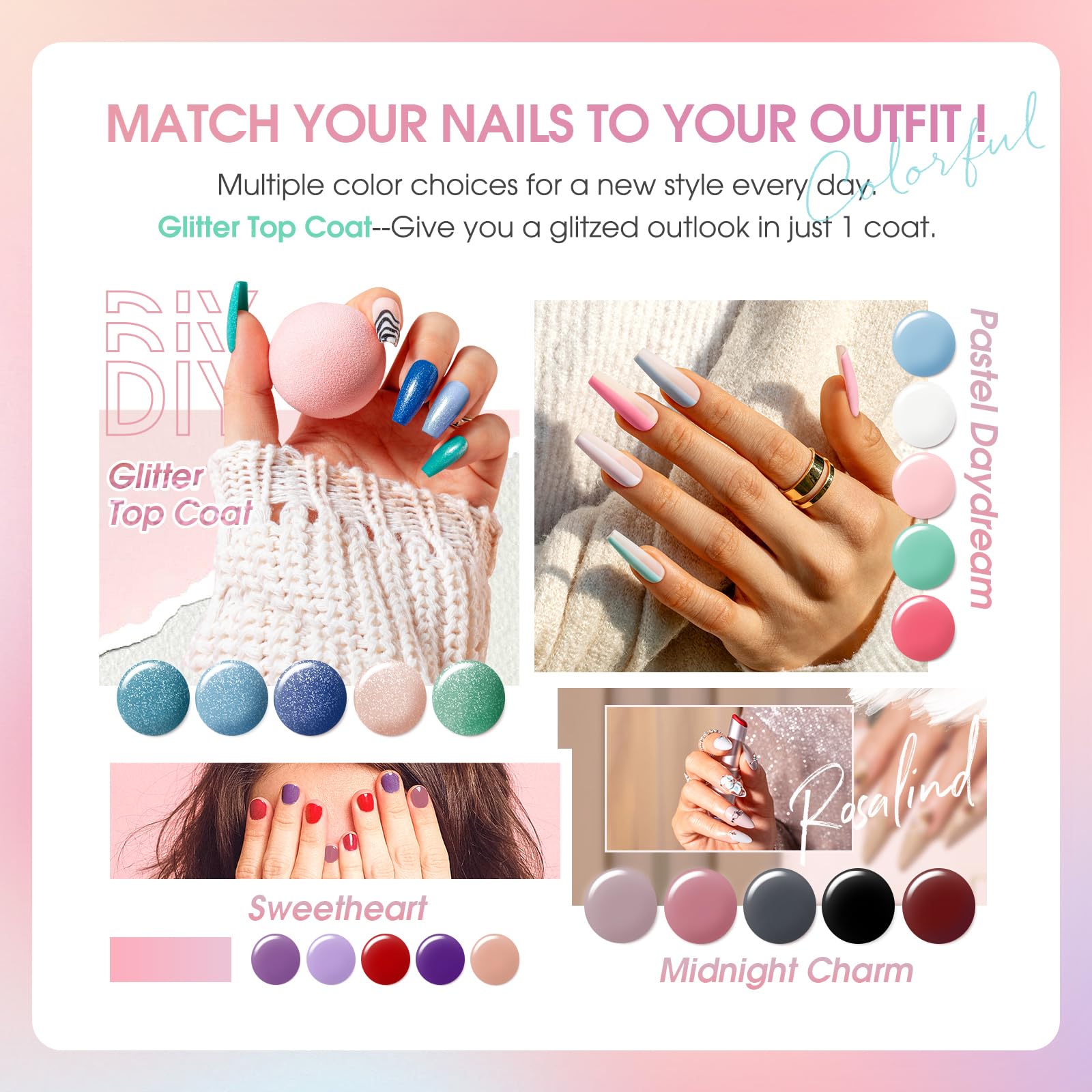 ROSALIND Semi-Permanent Gel Nail Polish Set - 26+4 PCS Violet Blue Green Nail Polish with Base & Top Coat, Matte & Glitter Top Coat, Mini UV/LED Semi-Permanent Black White Red Gray Nail Polish for Manicure - Perfect for Home Nail Art, Salon Professionals & DIY Beauty Enthusiasts