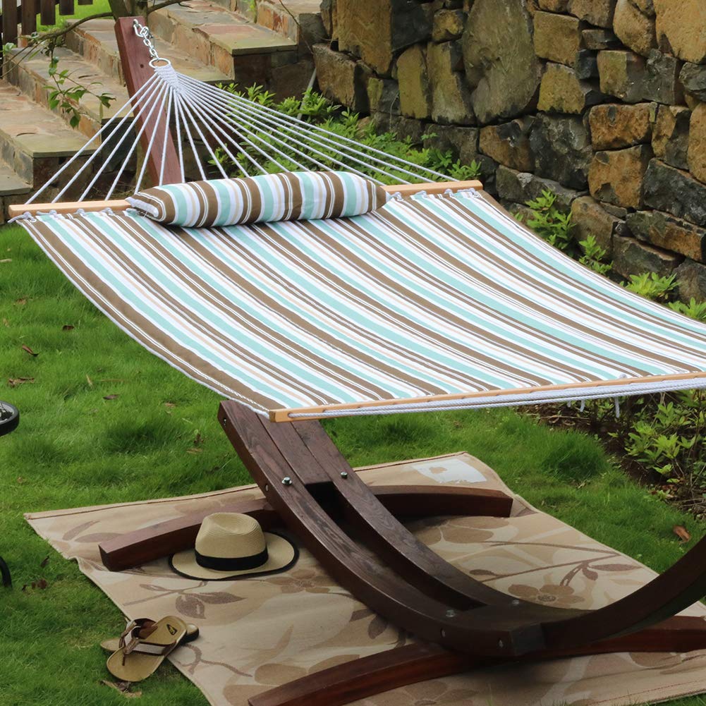 Quilted Fabric Double Hammock with Pillow - Heavy Duty Hardwood Spreader Bar - Outdoor Hammock for Adults 450lb Capacity - Perfect for Patio, Garden, Yard, Pool & Beach Relaxation - Blue/Brown