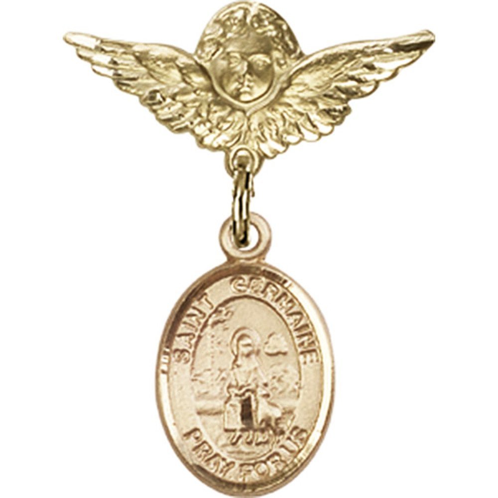 Gold Filled Baby Badge Pin with St. Germaine Cousin Charm & Angel Wing Design - 1 X 3/4 Inch - Perfect for Christening Gifts, Baby Showers & Keepsake Jewelry