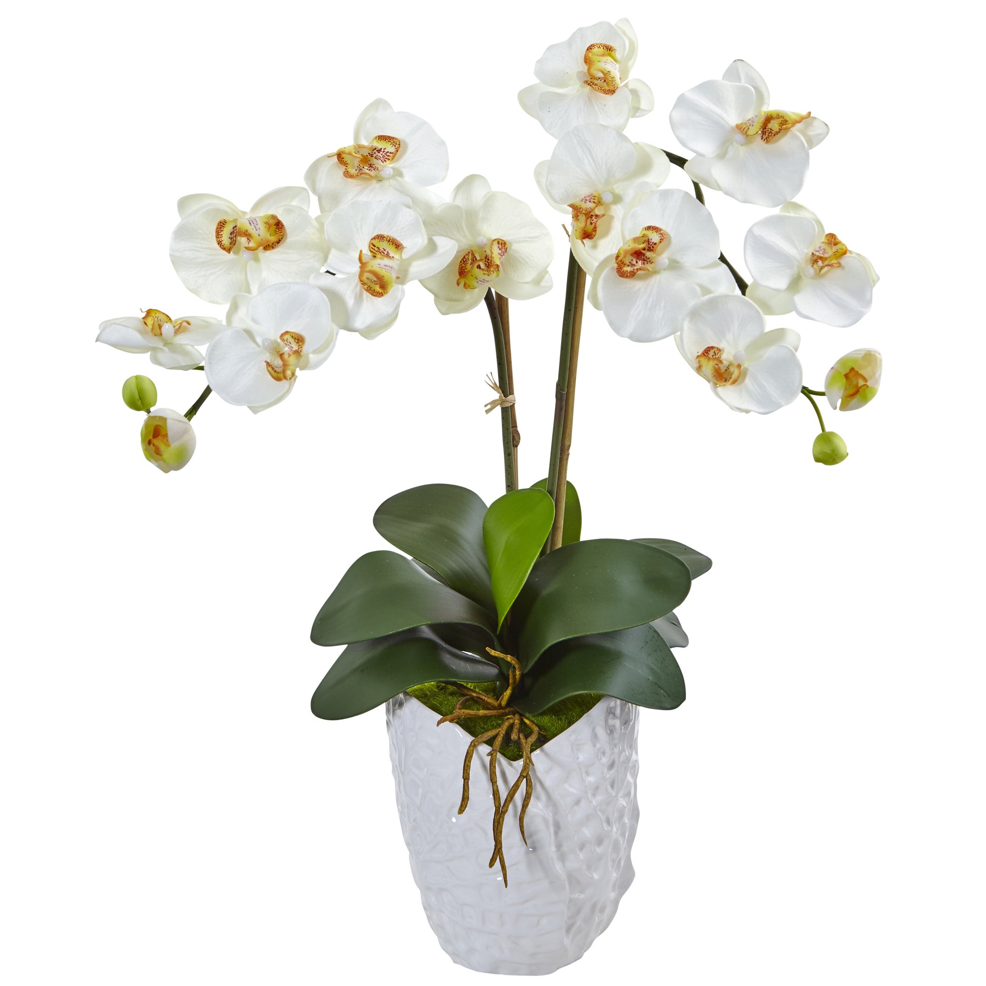 Nearly Natural Double Phalaenopsis Orchid Silk Flower Arrangement in White Vase - Elegant Home Decor for Living Room, Office & Wedding Centerpieces
