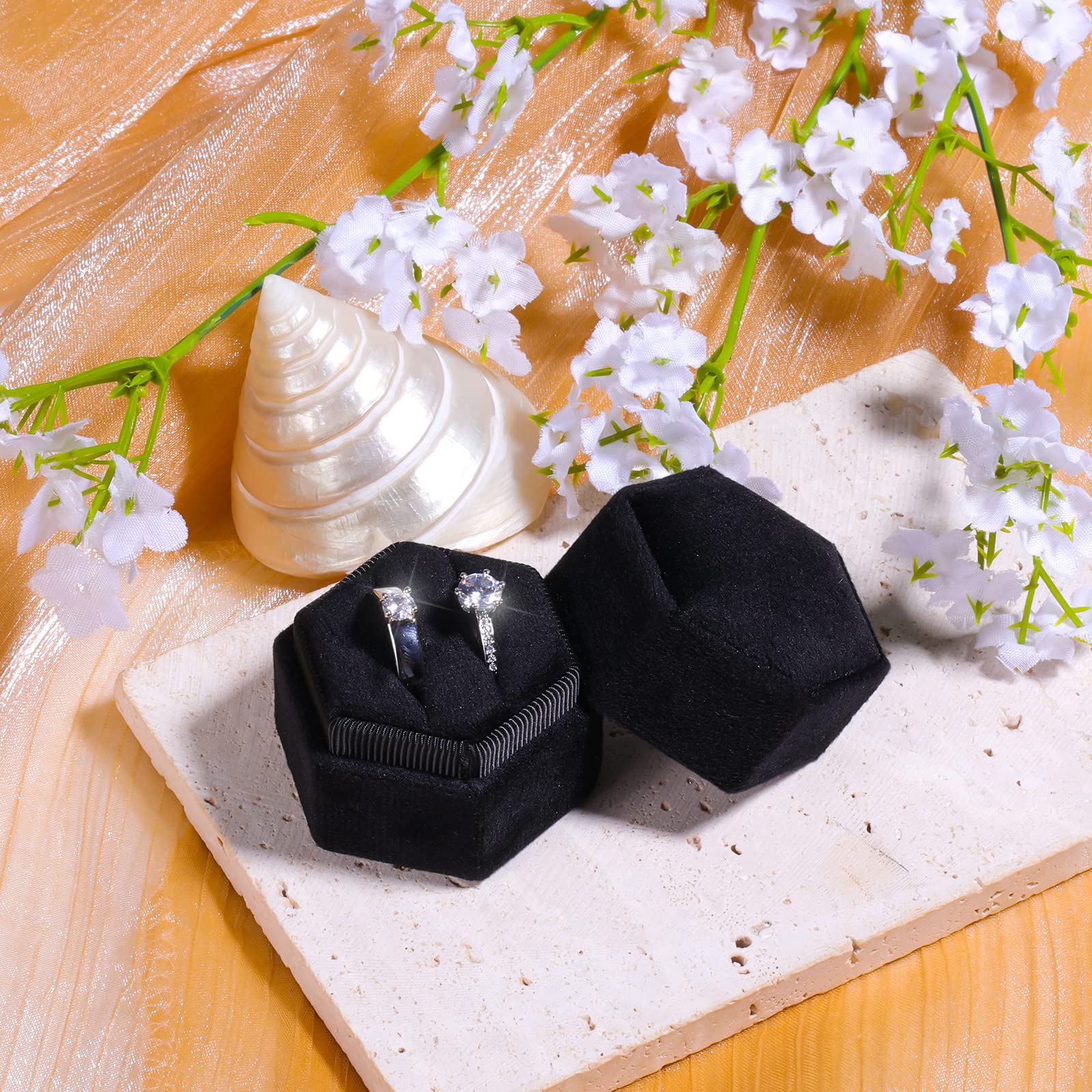 AIEX Velvet Hexagon Ring Box with Double Slots - Premium Jewelry Display Case for Engagement, Wedding & Valentine's Day Proposals - Holds 2 Rings (Black) - Perfect for Romantic Surprises & Wedding Ring Storage