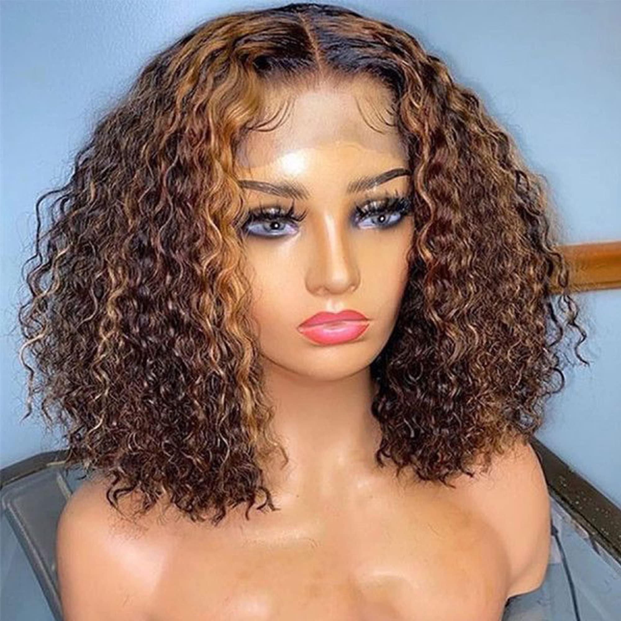 13x6 Venice Brown Highlight Curly Lace Front Human Hair Wig - Virgin Hair, Pre Plucked Hairline, Baby Hair & Bleached Knots (10inch, 150% Density) for Everyday Wear, Parties & Special Occasions