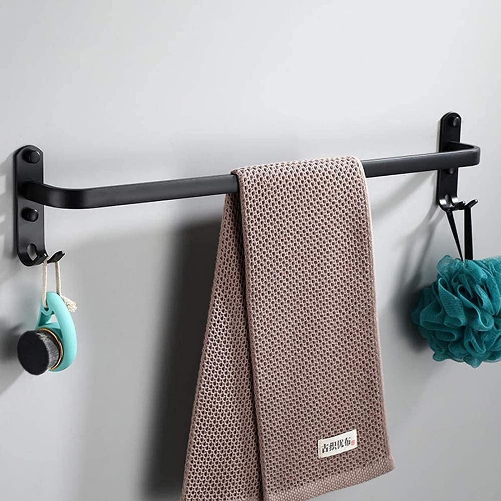 Stainless Steel Wall Mounted Towel Rack for Bathroom - 50cm Matte Black Non-Rusting Aluminum Alloy Towel Holder with 2 Bars & Hooks - Perfect for Modern Homes, Spas & Hotels (XL Size)