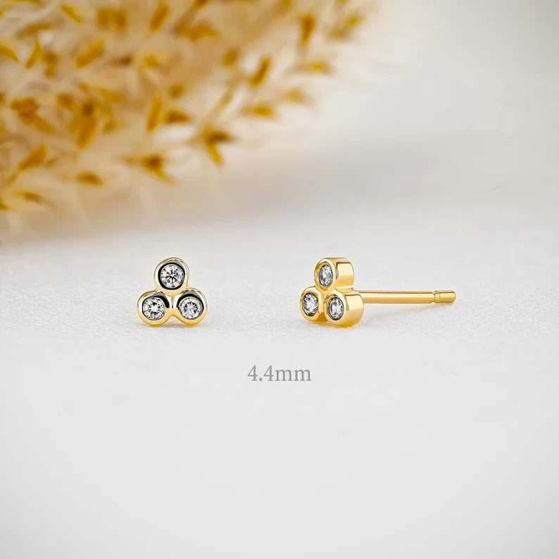 3 Stone Trio Bezel Set Stud Earrings for Women - 925 Sterling Silver Cubic Zirconia Earrings - Minimalist Elegant Jewelry Gift for Birthday, Anniversary & Valentine's Day