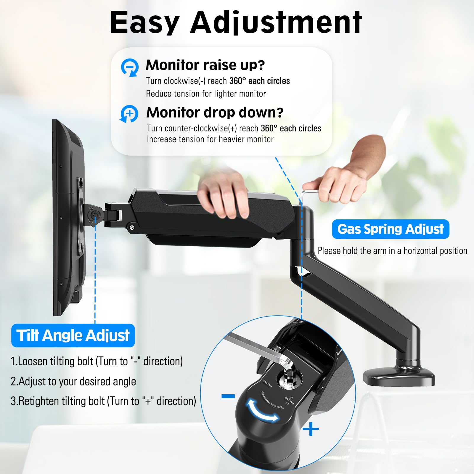 MOUNTUP Single Monitor Desk Mount - Adjustable Gas Spring Monitor Arm for 13-32 Inch Screens 4.4-17.6lbs, VESA Mount Bracket with Clamp/Grommet Base - Ergonomic Computer Monitor Stand for Home Office & Gaming Setup (Black)