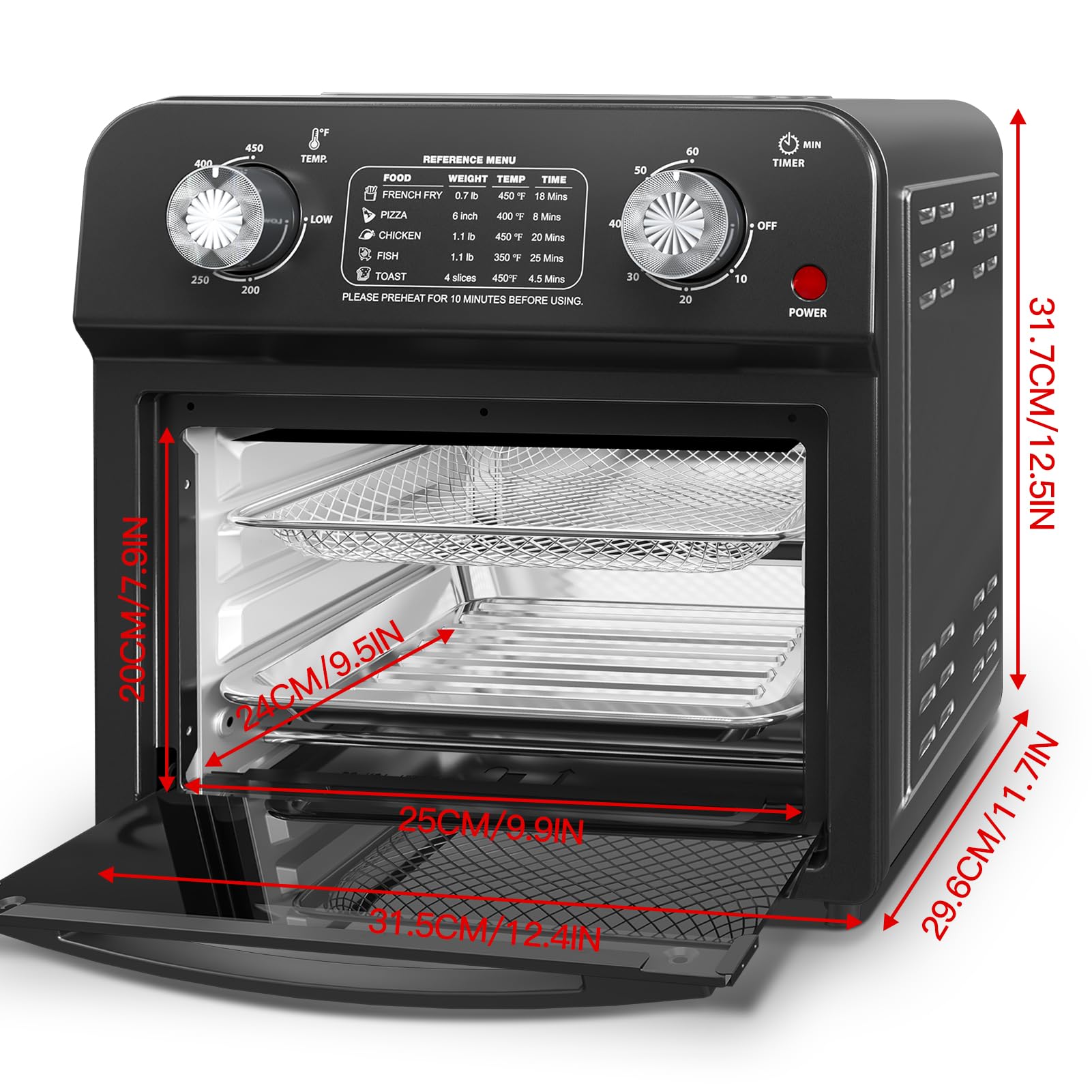 PlumChef 13 Quart 4-Slice Air Fryer Toaster Oven - 1500W 7-in-1 Multifunction Countertop Convection Oven for Roasting, Baking, Grilling, Broiling, Toasting, Dehydrating & Defrosting - Includes Recipe Guide - Perfect for Small Kitchens, Dorms & RV Cooking (Black)