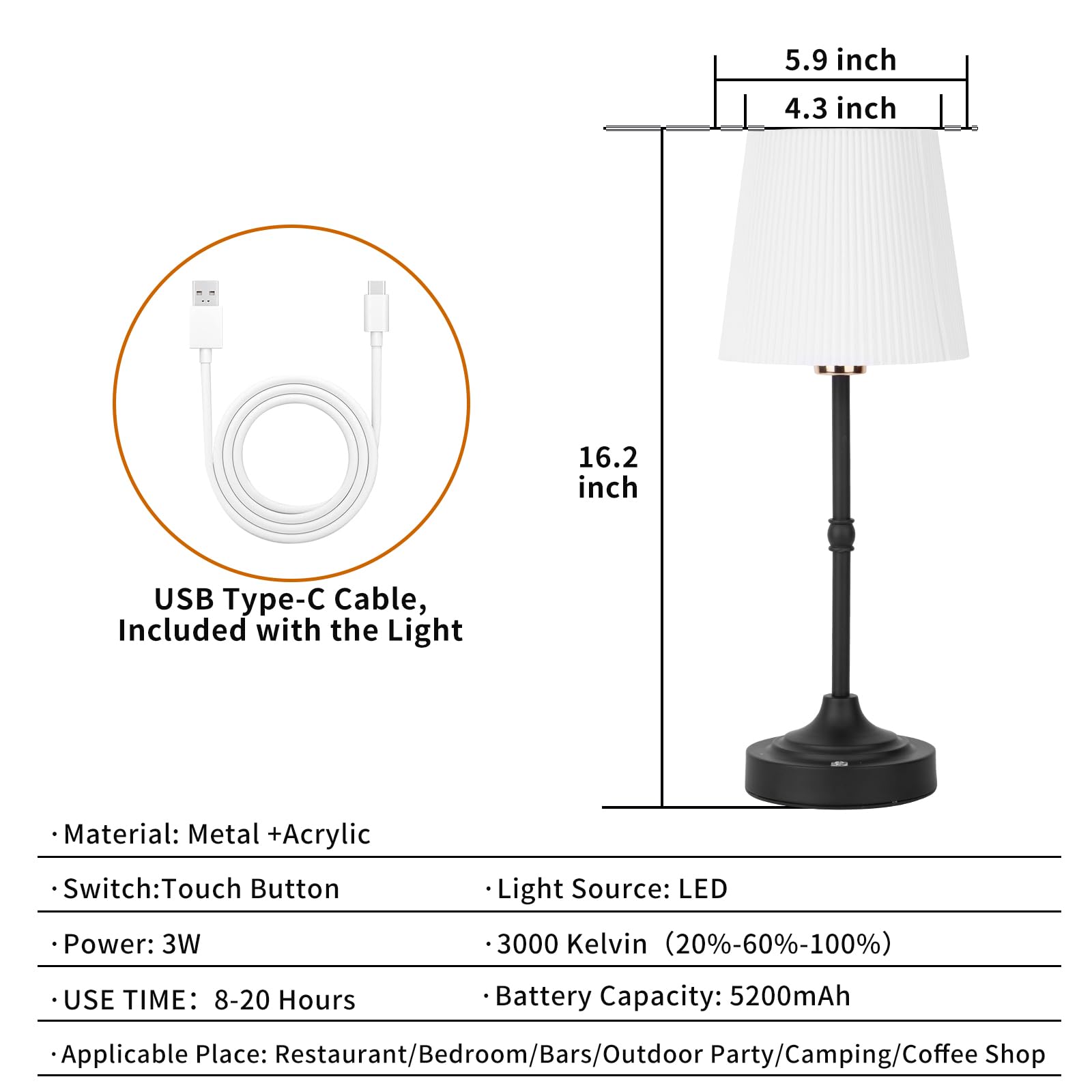 Rechargeable Cordless LED Desk Lamp with Dimmer - 3 Brightness Levels, Antique Brass Finish (Black) - Perfect for Bedside, Office, Restaurant & Patio Lighting