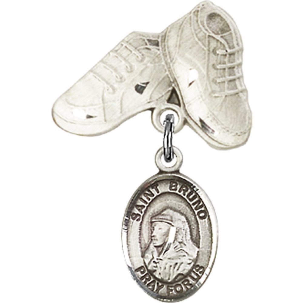 Bonyak Sterling Silver St. Bruno Charm Baby Badge with Boots Pin - 1 X 5/8 Inch Religious Medal Jewelry for Baptism, Christening & First Communion Gifts