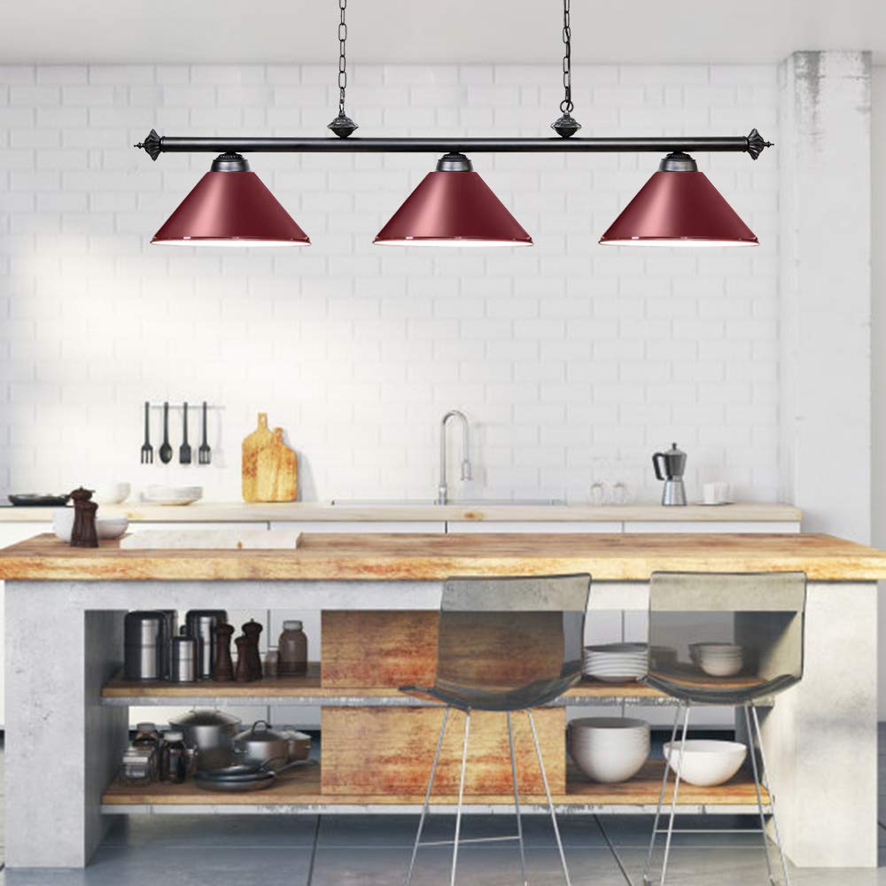 Premium 8'/9' Pool Table Light with 3 Metal Shades - Billiard Lamp for Man Cave & Game Room - Kitchen Island Lighting for Restaurants & Dining Rooms - Burgundy Finish, 59 Inch, 3 Lights - Perfect for Home Bars, Basements & Entertainment Spaces
