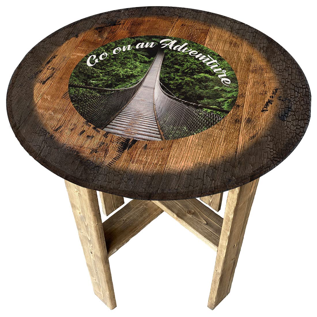 Rustic Round Whiskey Barrel End Table - Farmhouse Pub Style Coffee Table with Adventure Suspense Bridge Design - Perfect for Living Room, Man Cave, or Bar Decor
