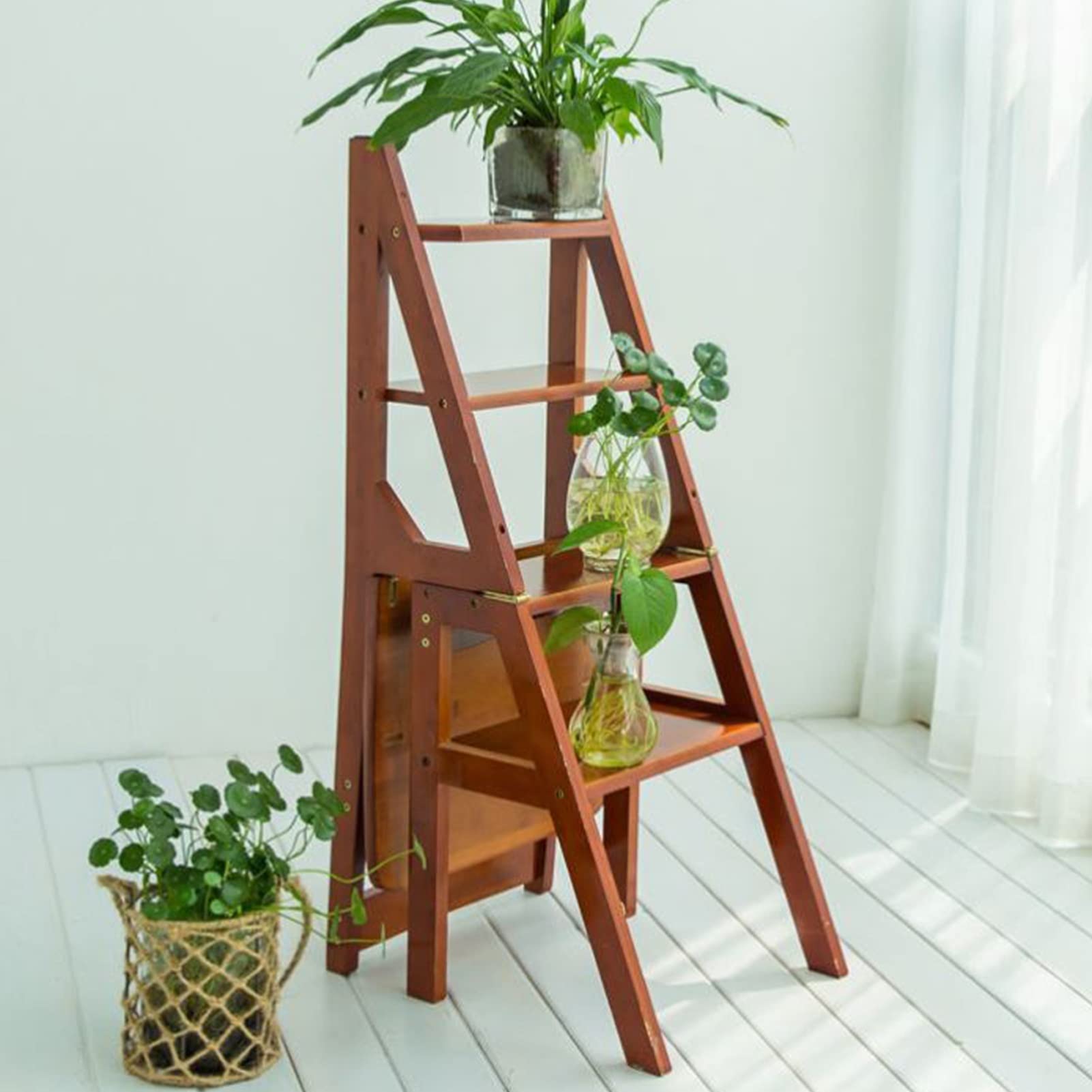 XHALERY Wooden Step Stool Ladder Chair - Foldable Safety Stool for Home, Kitchen, Bathroom - Multi-Functional Step Ladder for Reaching High Shelves, Changing Light Bulbs, and Home Organization