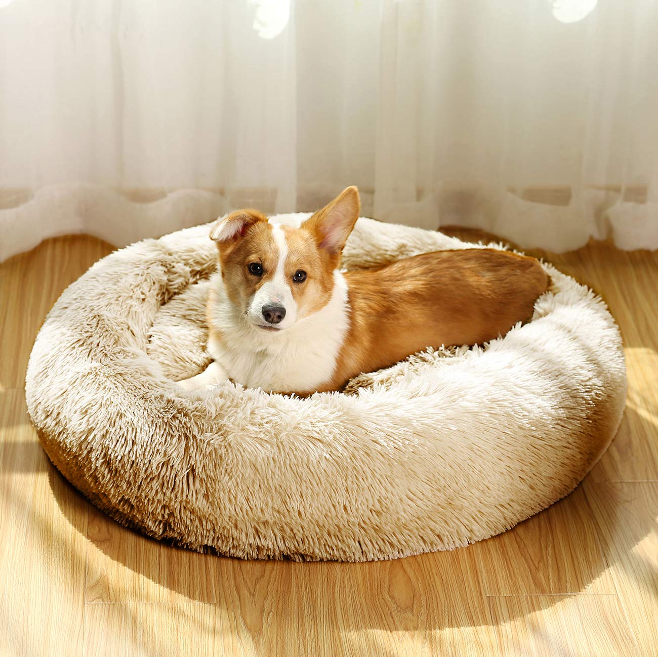 **Washable Donut Dog Bed for Medium & Large Dogs - Fluffy Round Calming Cuddler Pet Bed with Faux Fur, Cozy Cat Bed for Small Pets - Perfect for Crates, Living Rooms & Bedrooms**