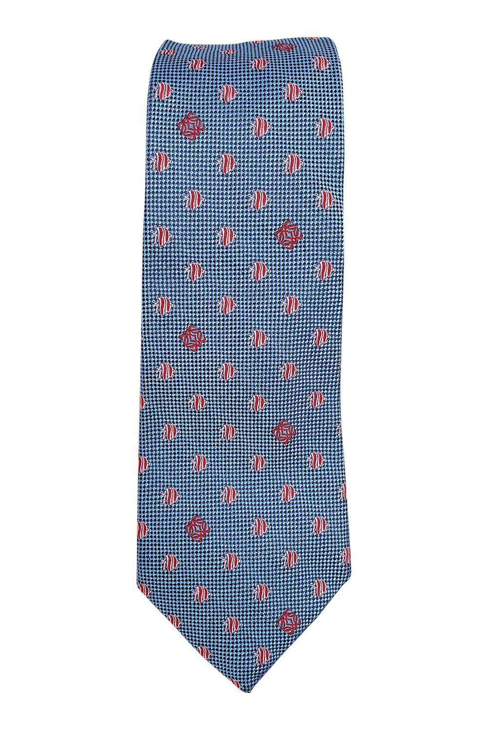 LOEWE 100% Pure Silk Sky Blue Necktie with Pink Logo Fish Pattern - 60