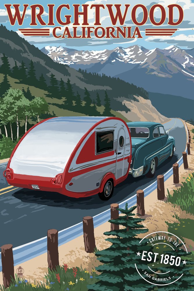 Vintage Wrightwood California Retro Camper Rubber Stamp Art Print - Signed 24x36 Wall Decor Poster for Home, Office & RV Interior Design