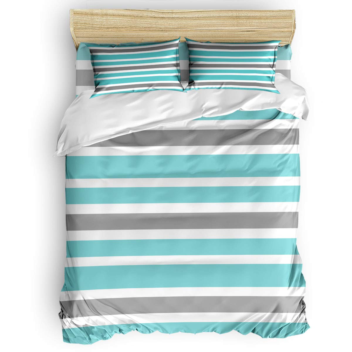 PartyShow 4-Piece Queen Size Bedding Set - Aqua Grey Striped Comforter Cover, Fitted Sheet, Flat Sheet & 2 Pillowcases for Kids' Bedroom | Soft & Breathable Cotton Blend | Perfect for Boys, Girls, Teens & Guest Rooms
