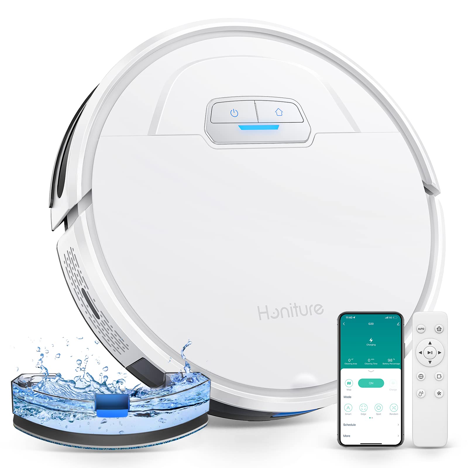 HONITURE G20 Robot Vacuum and Mop Combo with 4000Pa Strong Suction - Self-Charging, 150Min Runtime, App/Remote/Voice Control, Ultra-Slim Design - Perfect for Pet Hair, Hard Floors & Carpets - Smart Cleaning for Homes with Pets & Allergies