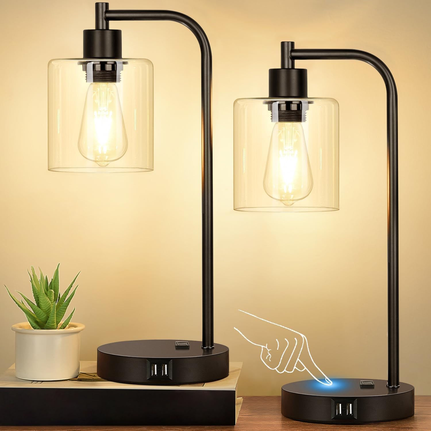 2-Pack Industrial Touch Control Table Lamps with 2 USB Ports & AC Outlet - 3-Way Dimmable Black Bedside Lamps for Nightstand, Desk, Bedroom & Living Room - Includes Glass Shade & 2 LED Bulbs - Perfect for Reading, Working & Ambient Lighting